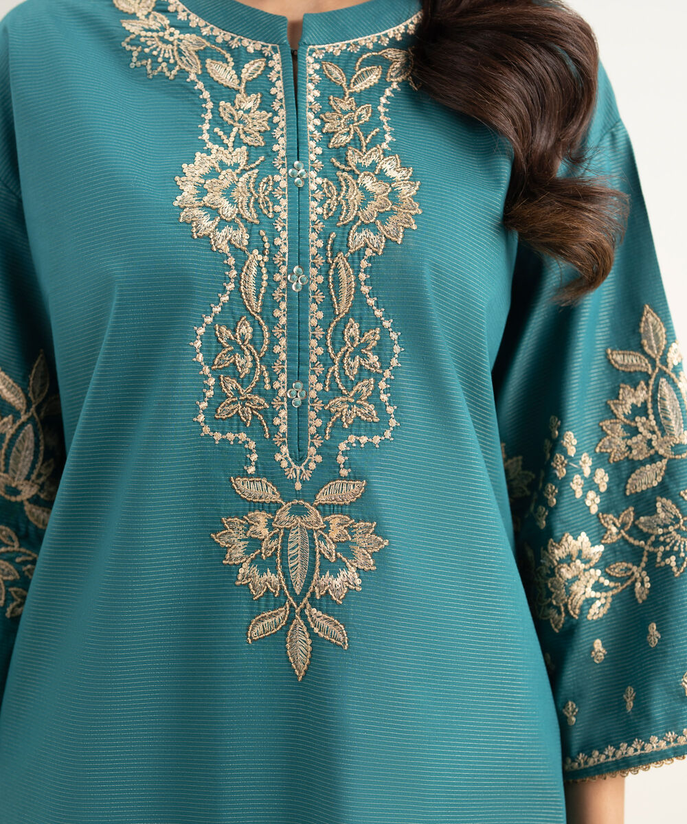 Women's Unstitched Zari Lawn Embroidered Green 3 Piece Suit