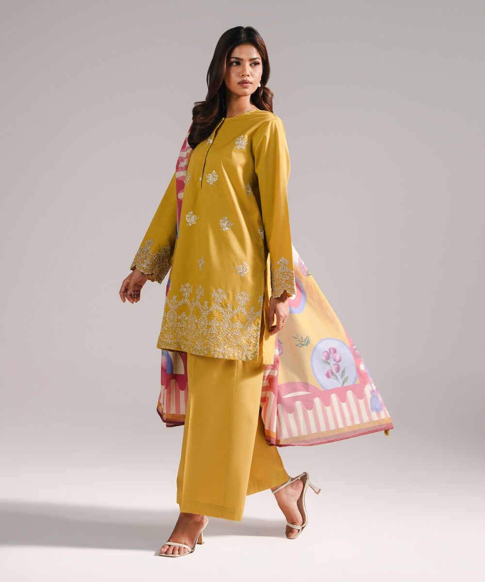 Women's RTW Lawn Embroidered Yellow 3 Piece Suit