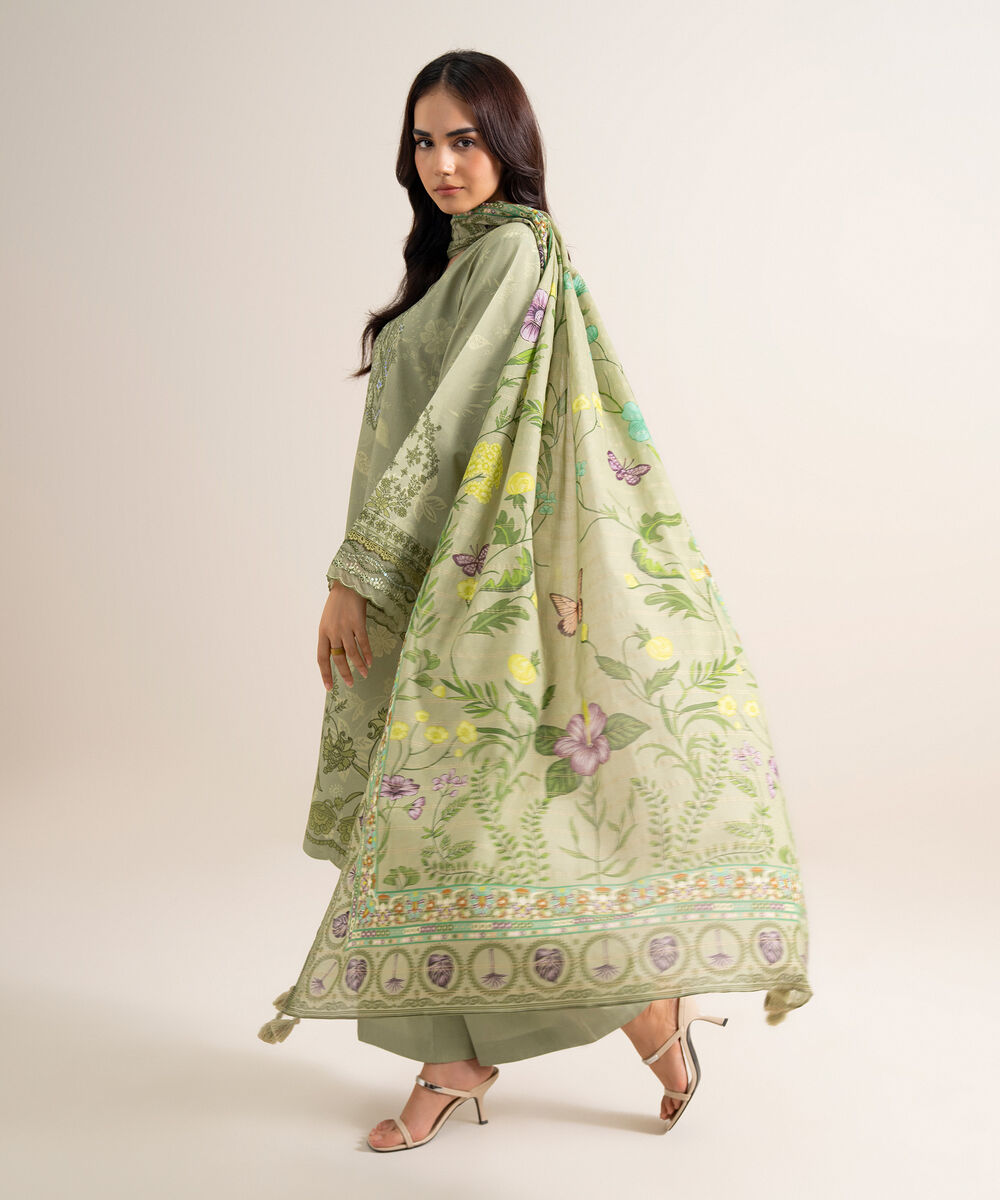 Women's Unstitched Embroidered Cotton Moss Green 3 Piece Suit