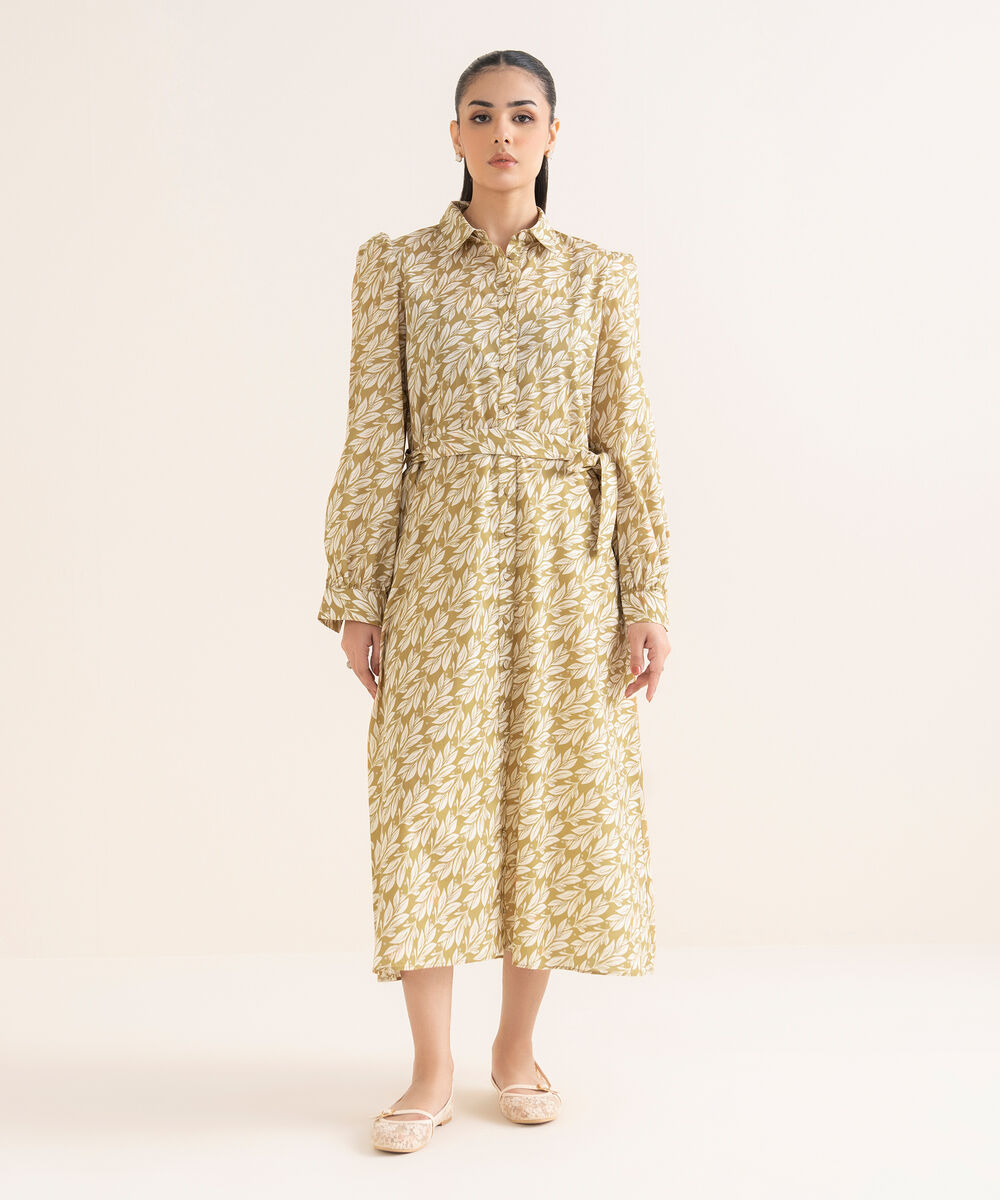 Women's RTW Cambric Printed Olive Green Dress