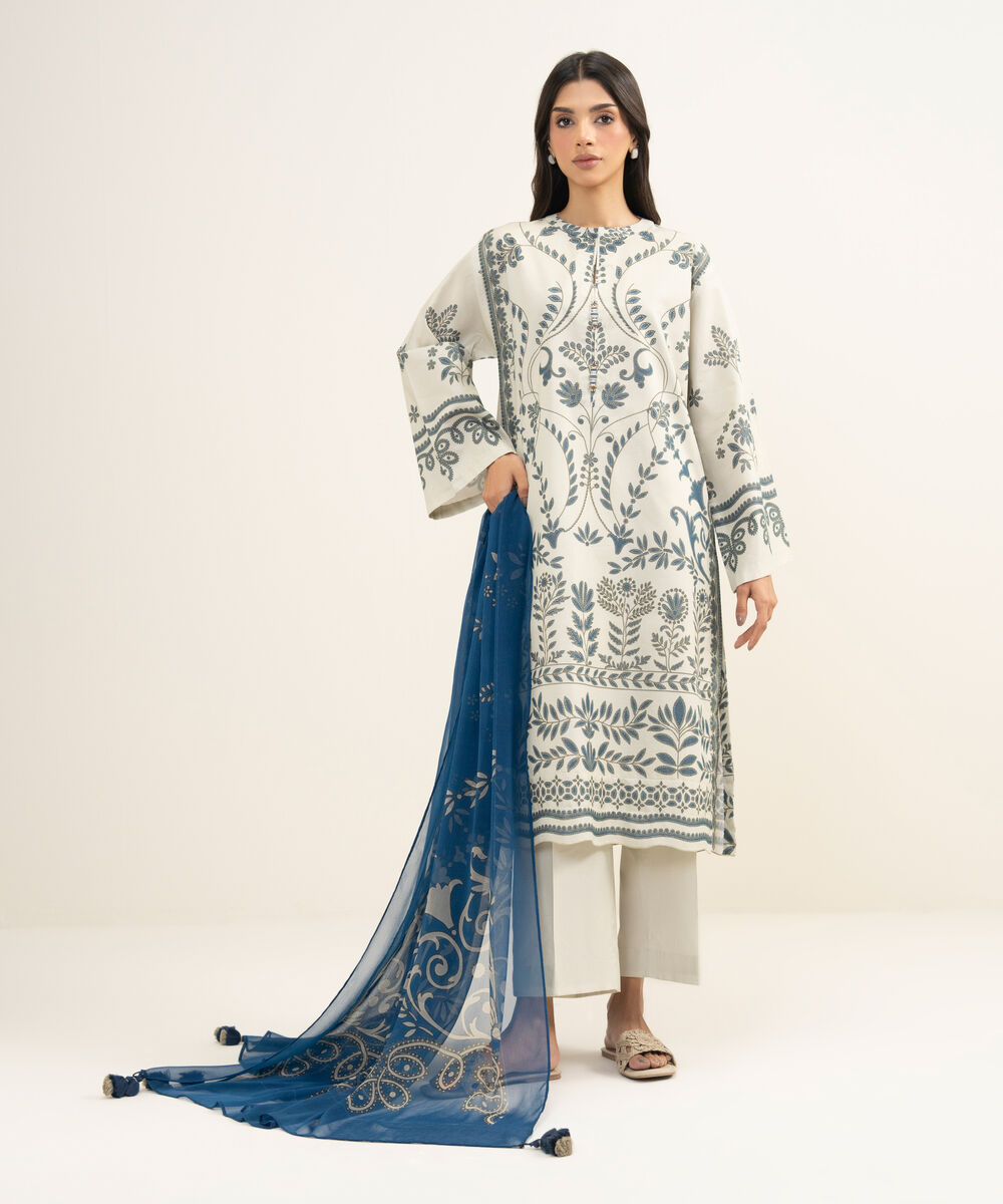 Women's Unstitched Zari Lawn Printed Off White 3 Piece Suit