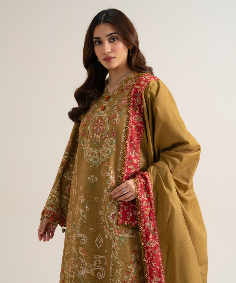 Womens Unstitched Basic Khaddar Embroidered Olive Green 3 Piece Suit