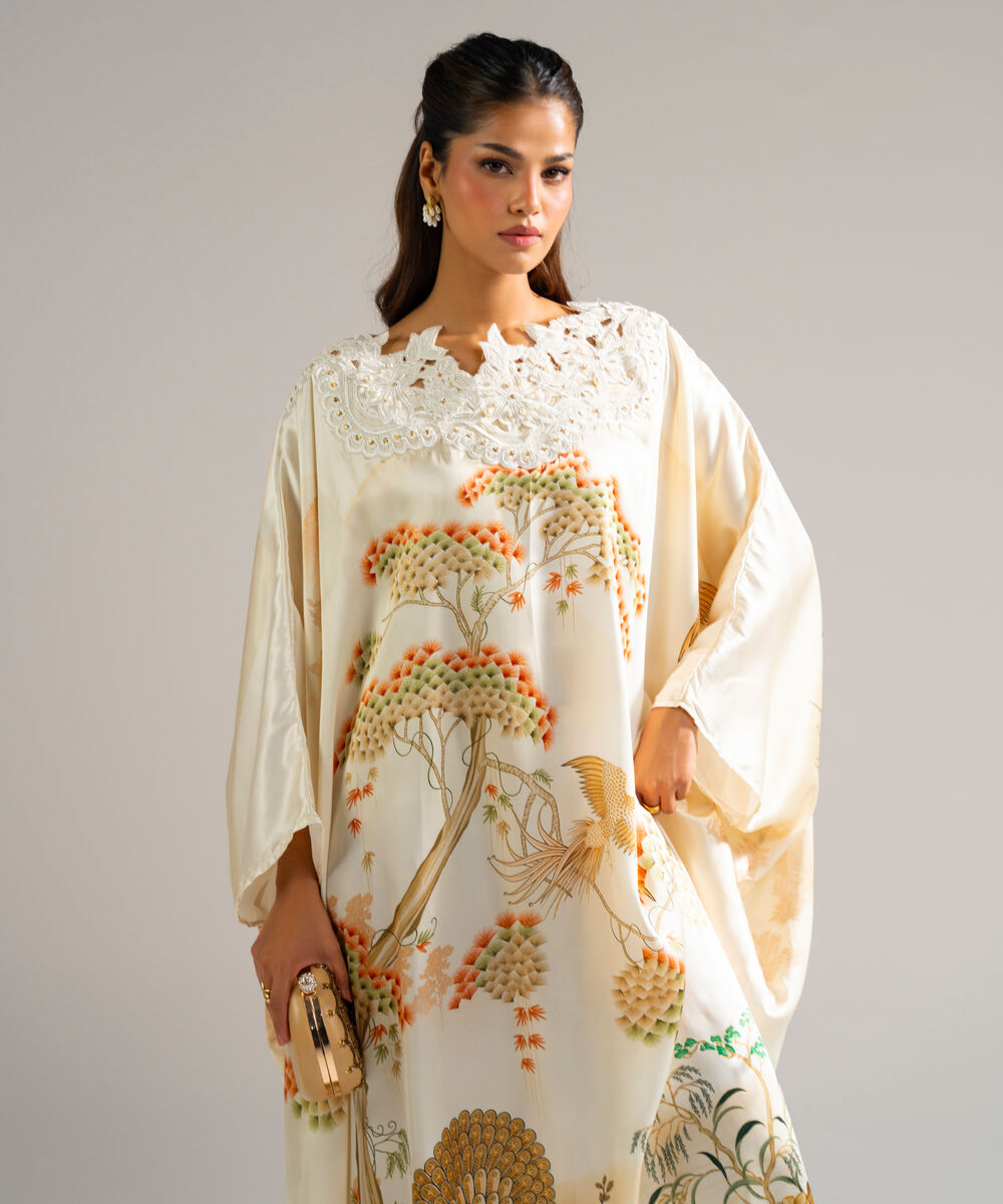 Women's RTW Blended Satin Printed Pale Yellow Kaftan
