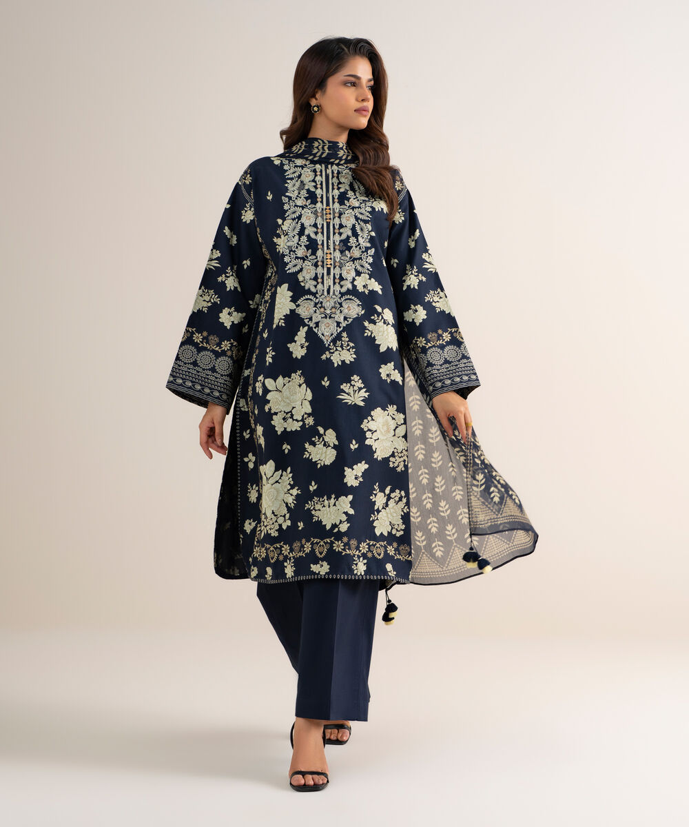 Women's Unstitched Cotton Embroidered Blue