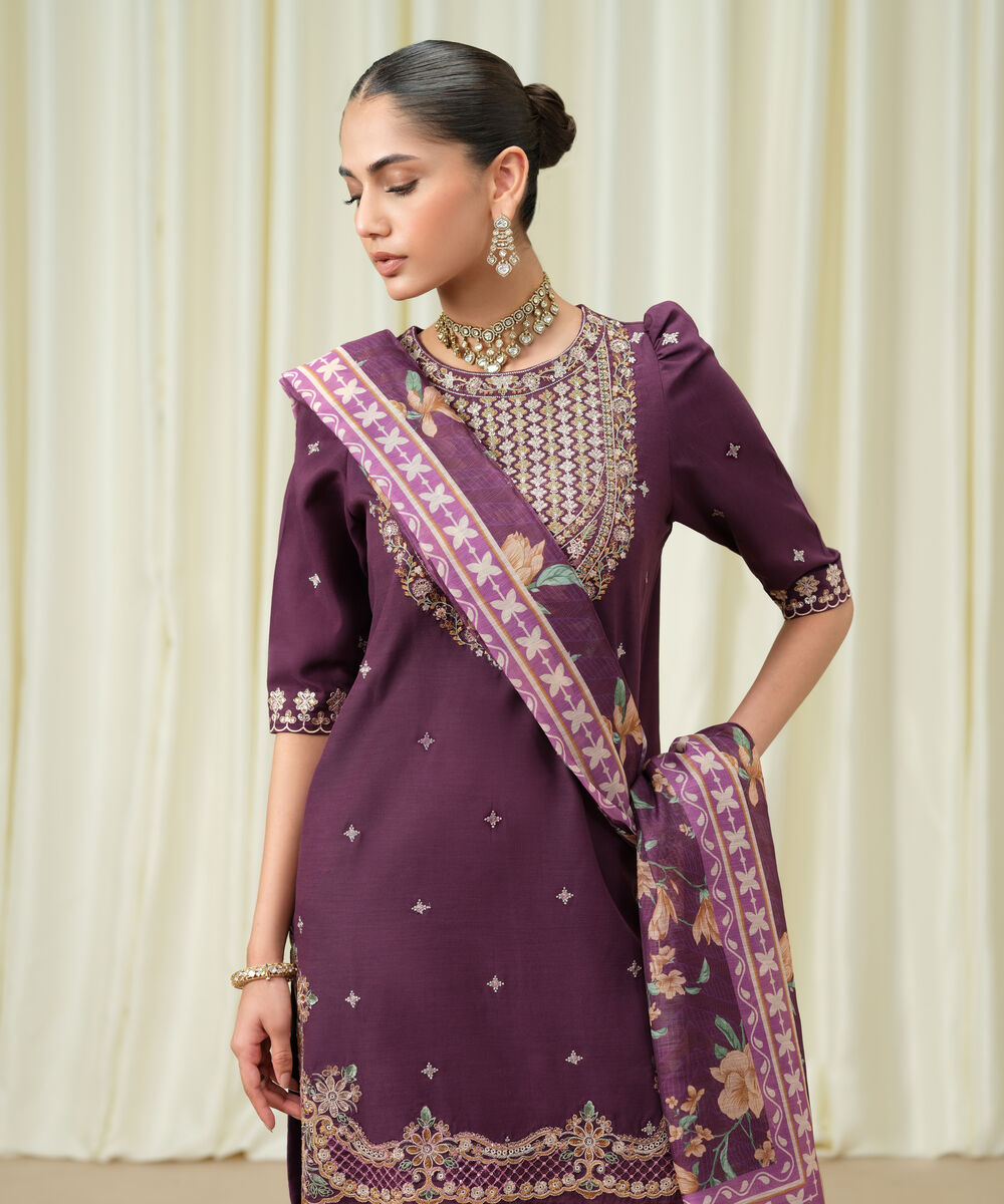 Women's Unstitched Viscose Raw Silk Embroidered Purple 3 Piece Suit