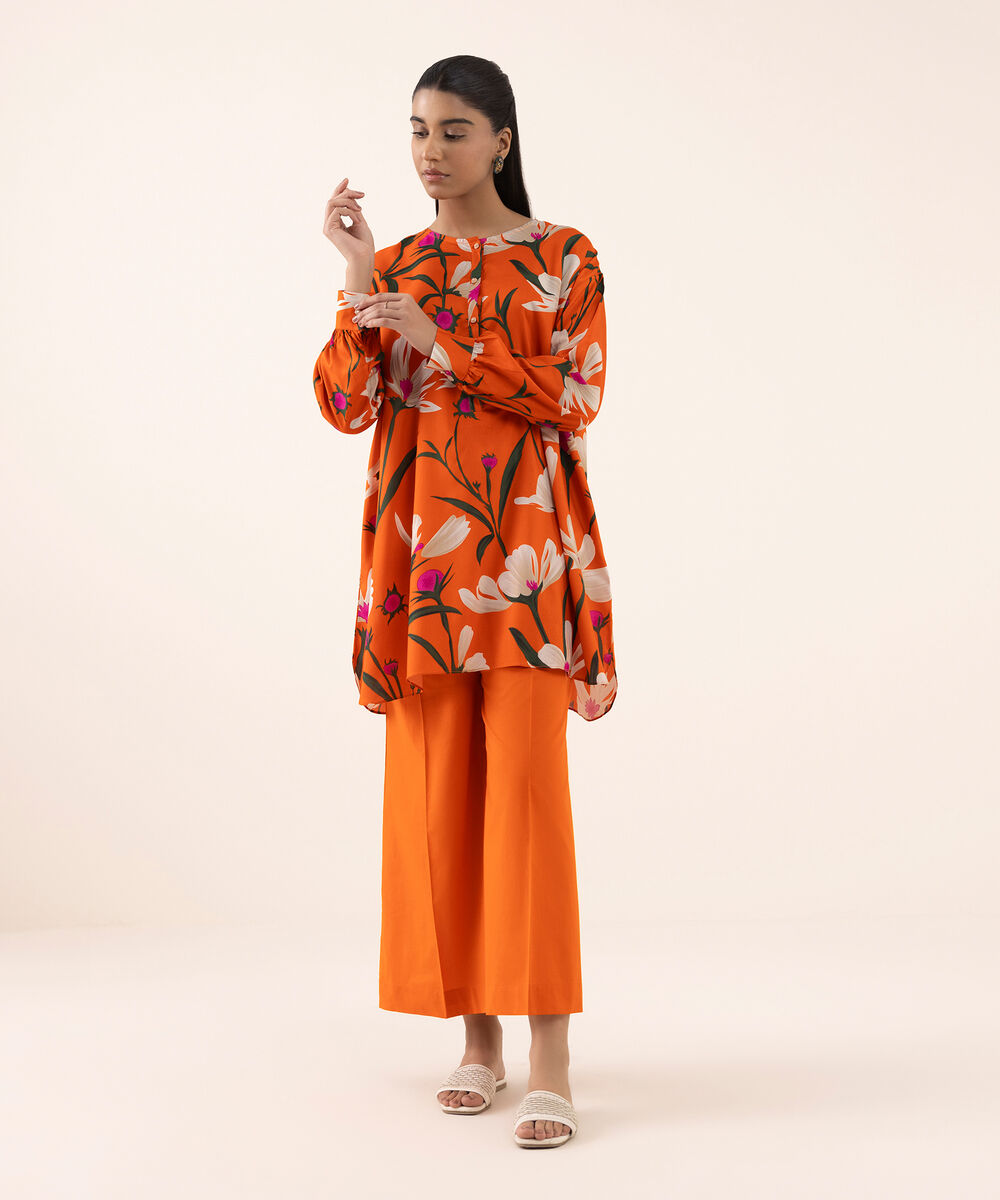 Women's RTW Arabic Lawn Orange Printed Drop Shoulder Shirt