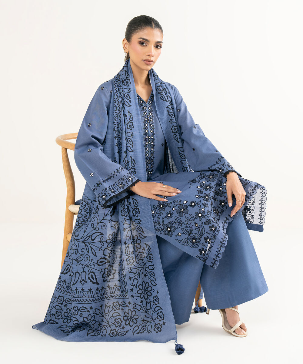 Women's Unstitched Cotton Embroidered Blue 3 Piece Suit