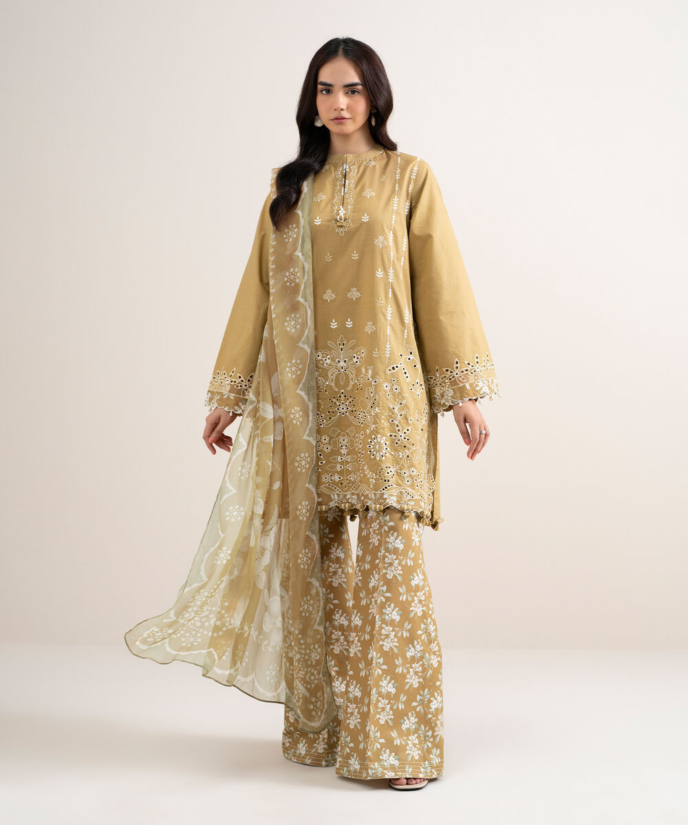 Women's Unstitched Dobby Embroidered Brown 3 Piece Suit