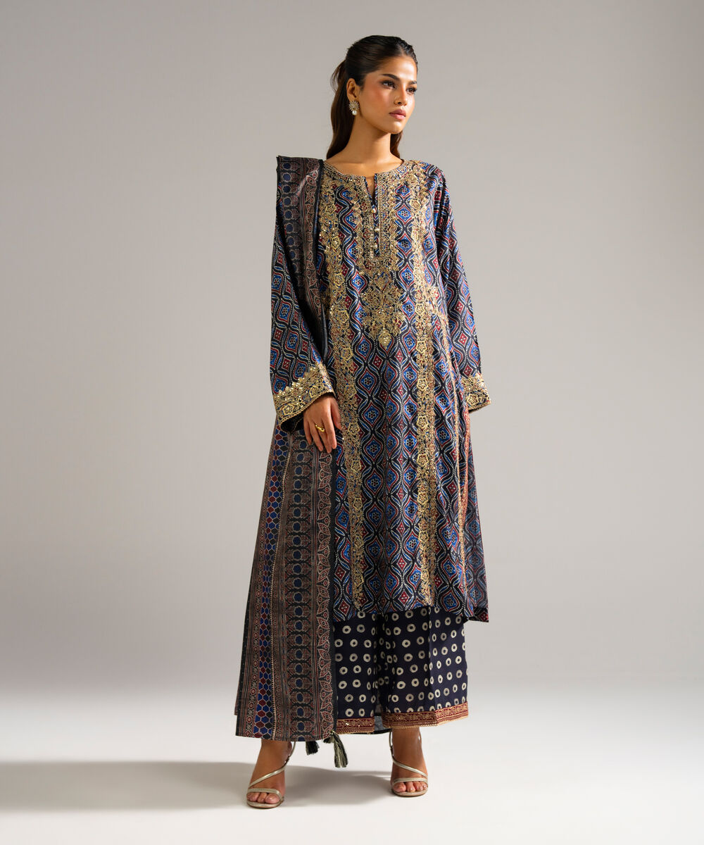 Women's RTW Bright Raw Silk Embroidered Black 3 Piece Suit