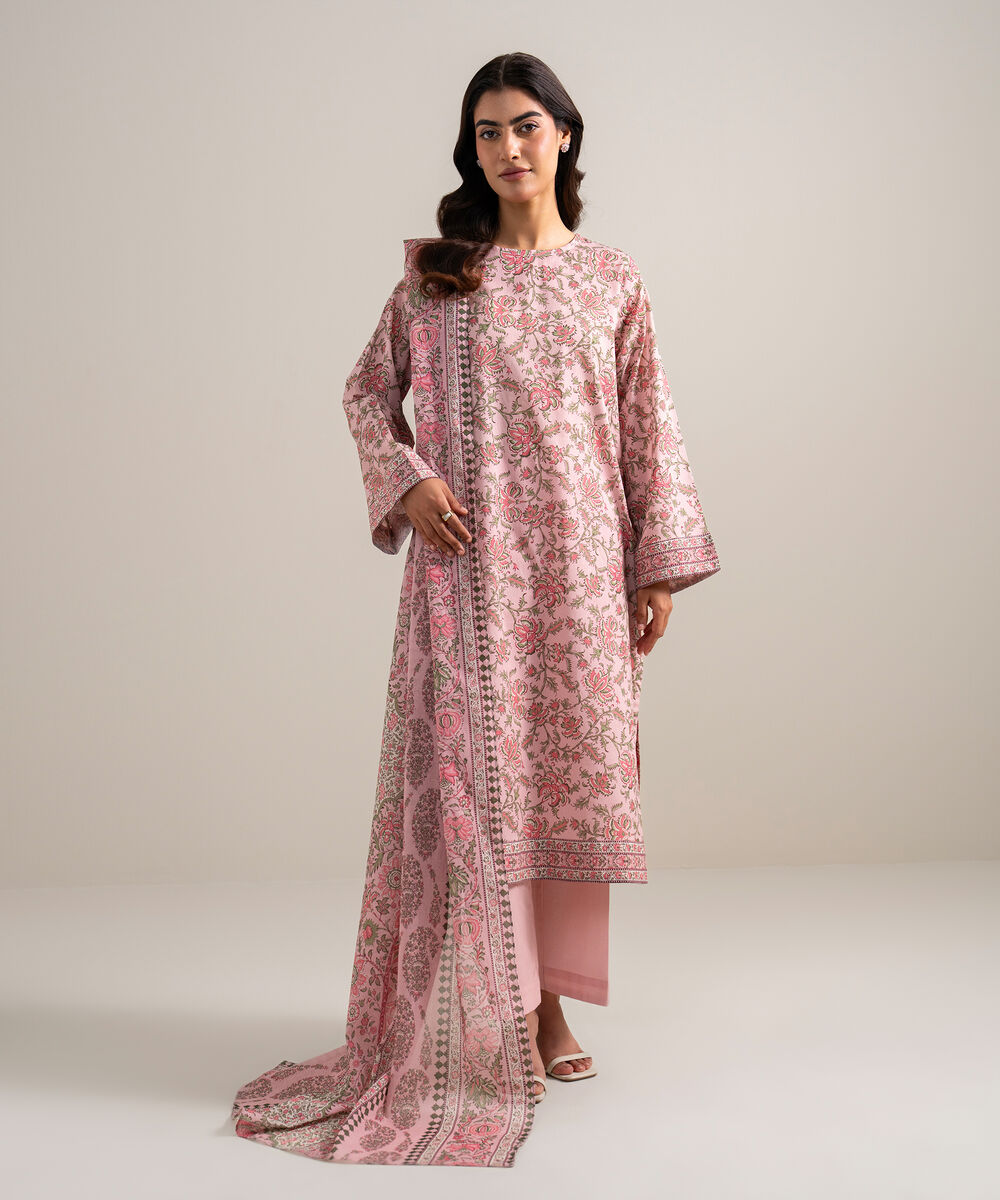 Women's Unstitched Lawn Printed Pink 3 Piece Suit