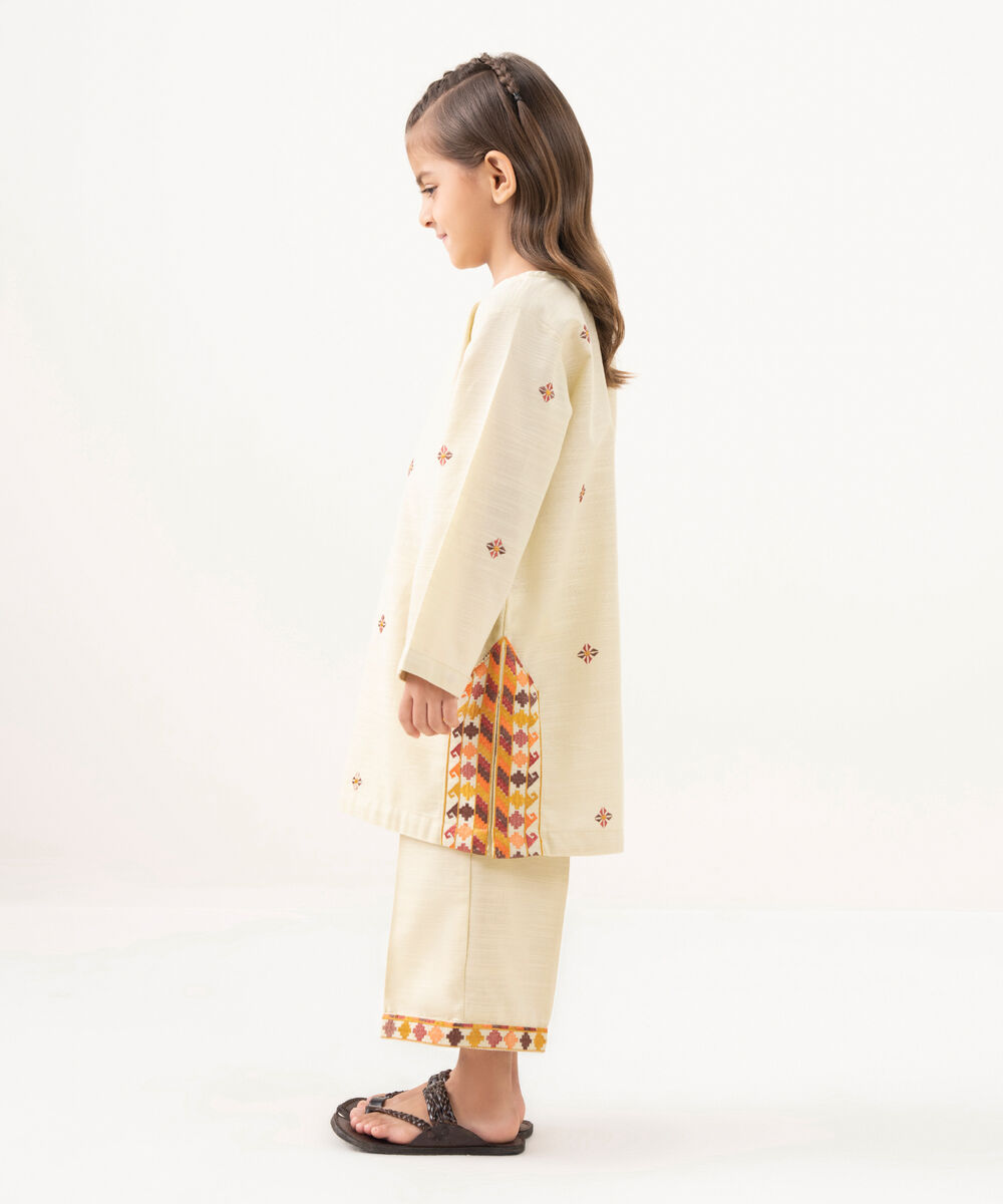 Girl's Light Khaddar Embroidered Beige 2 Piece Suit
