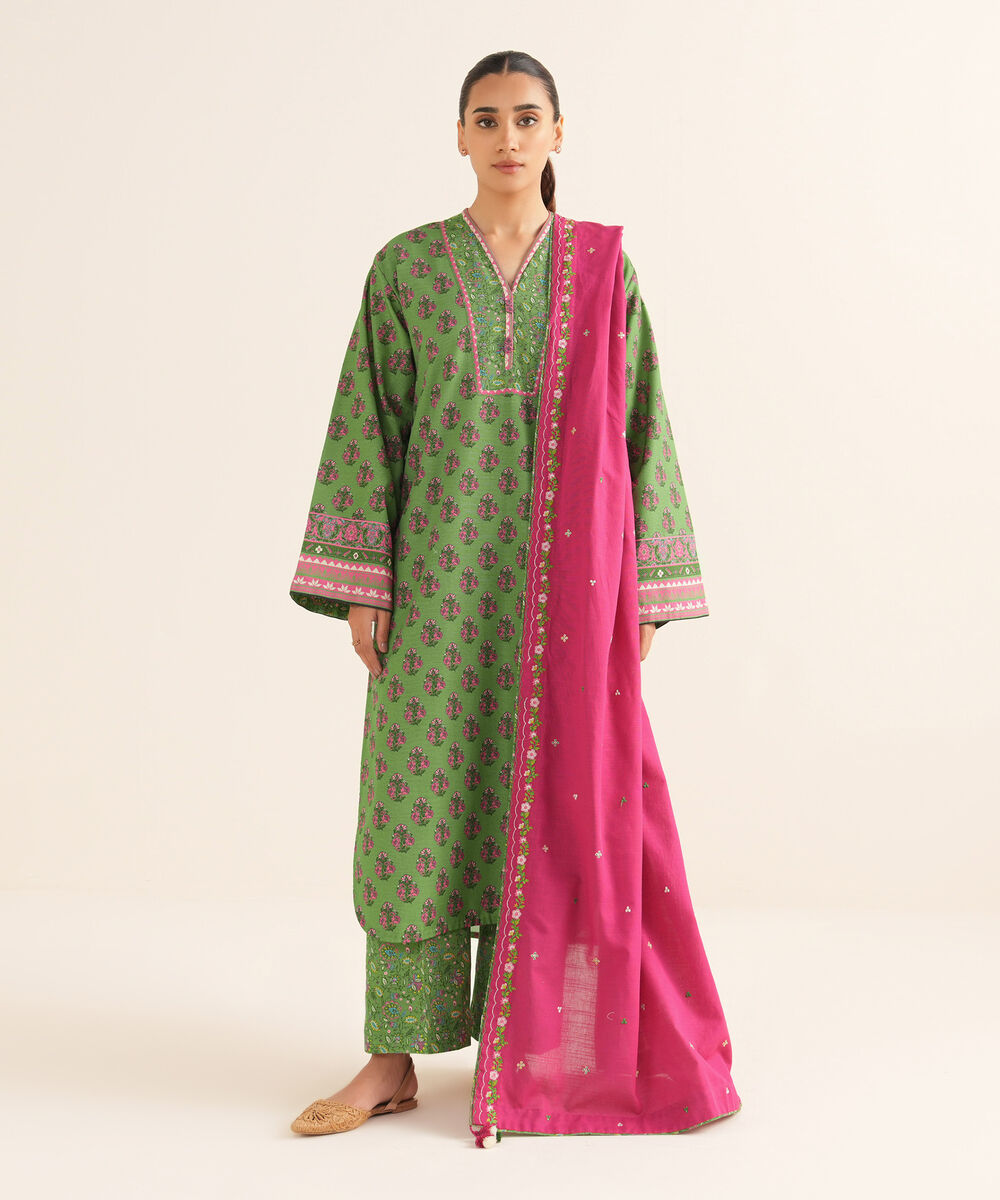 Women's Unstitched Light Khaddar Embroidered Green 3 Piece Suit