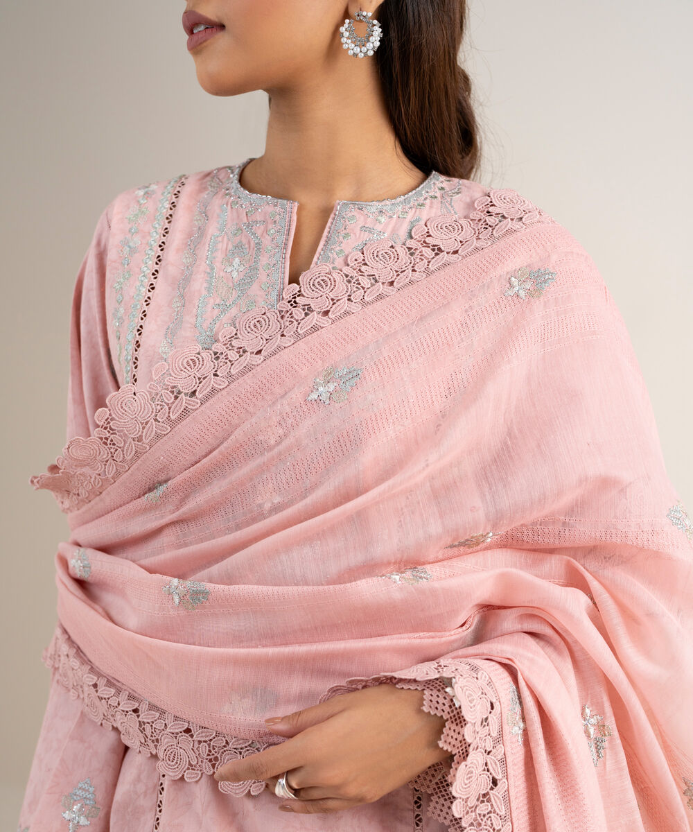 Women's Unstitched Cotton Jacquard Embroidered Pink