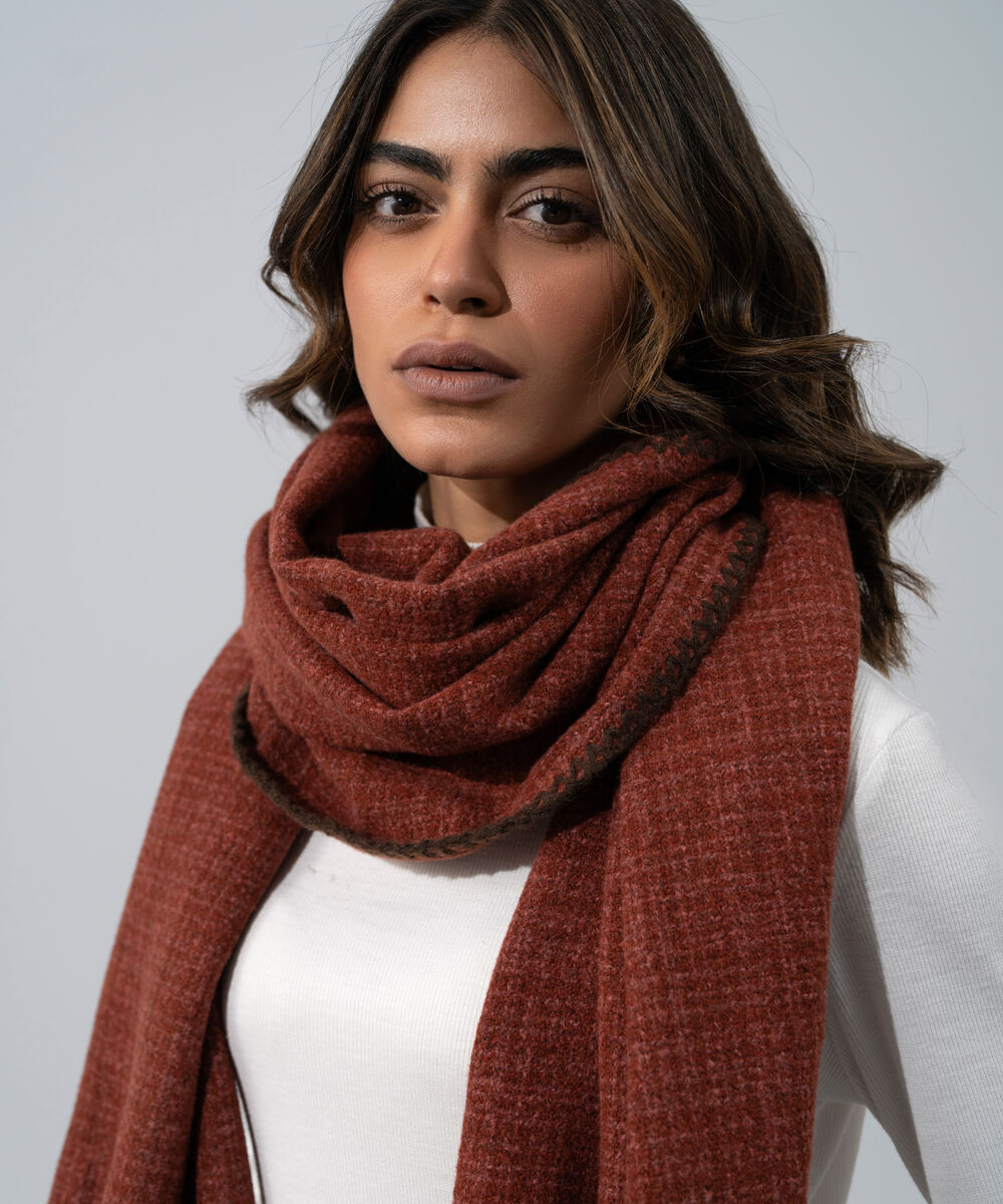 Women's Western Wear Rust Polyester Textured Woolen Scarf