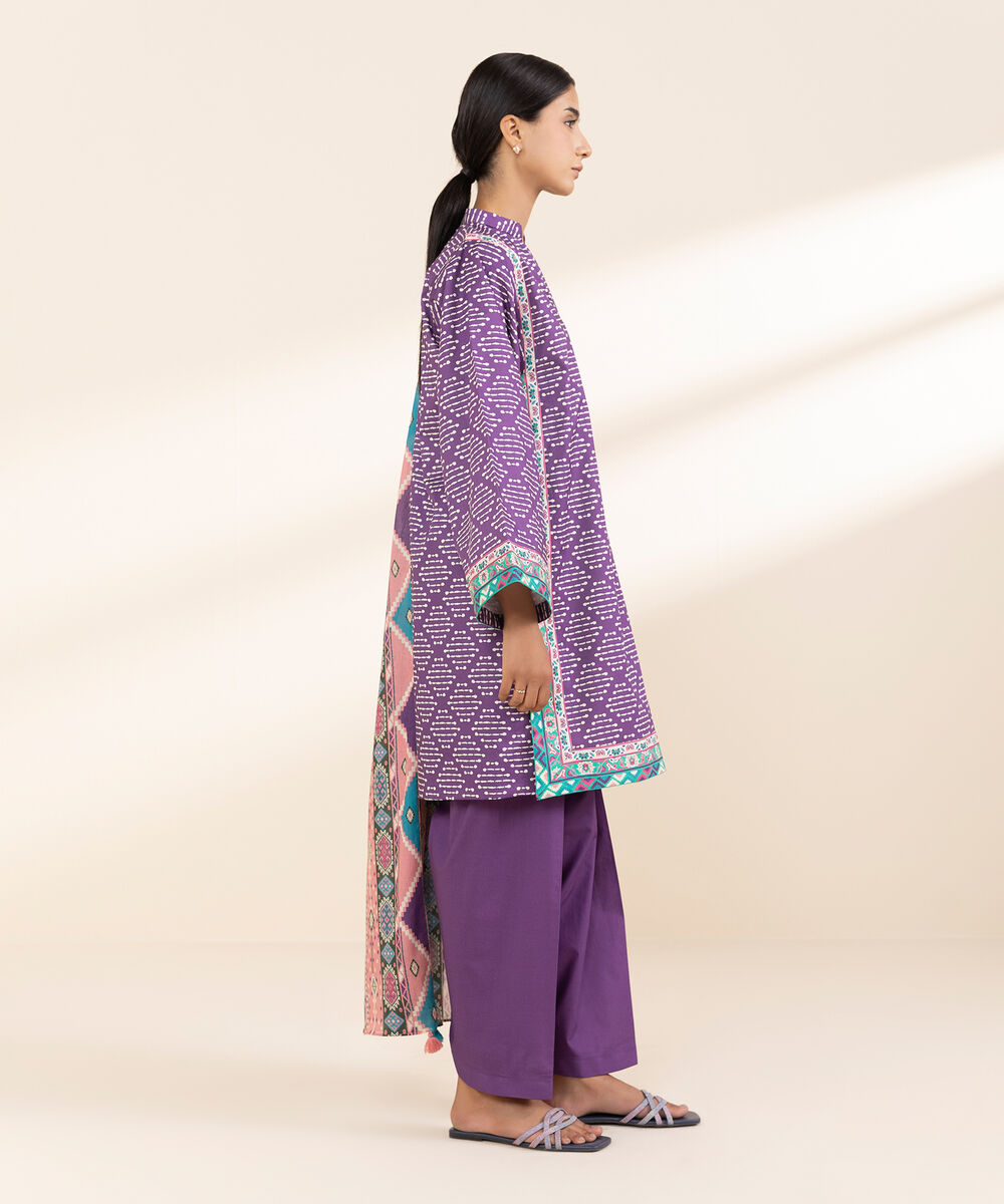 Women's Unstitched Lawn Printed Purple 3 Piece Suit