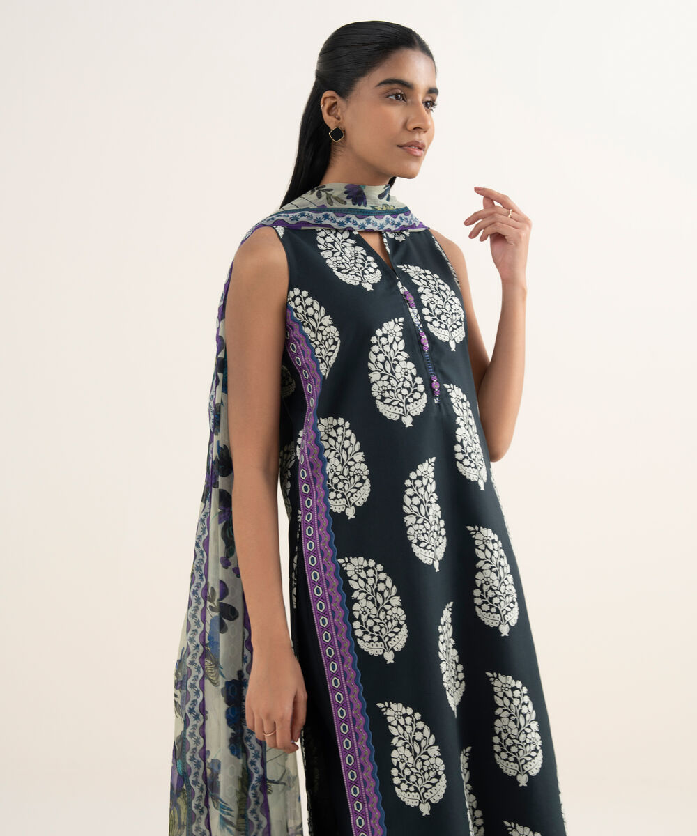 Women's Unstitched Cotton Printed Black 3 Piece Suit