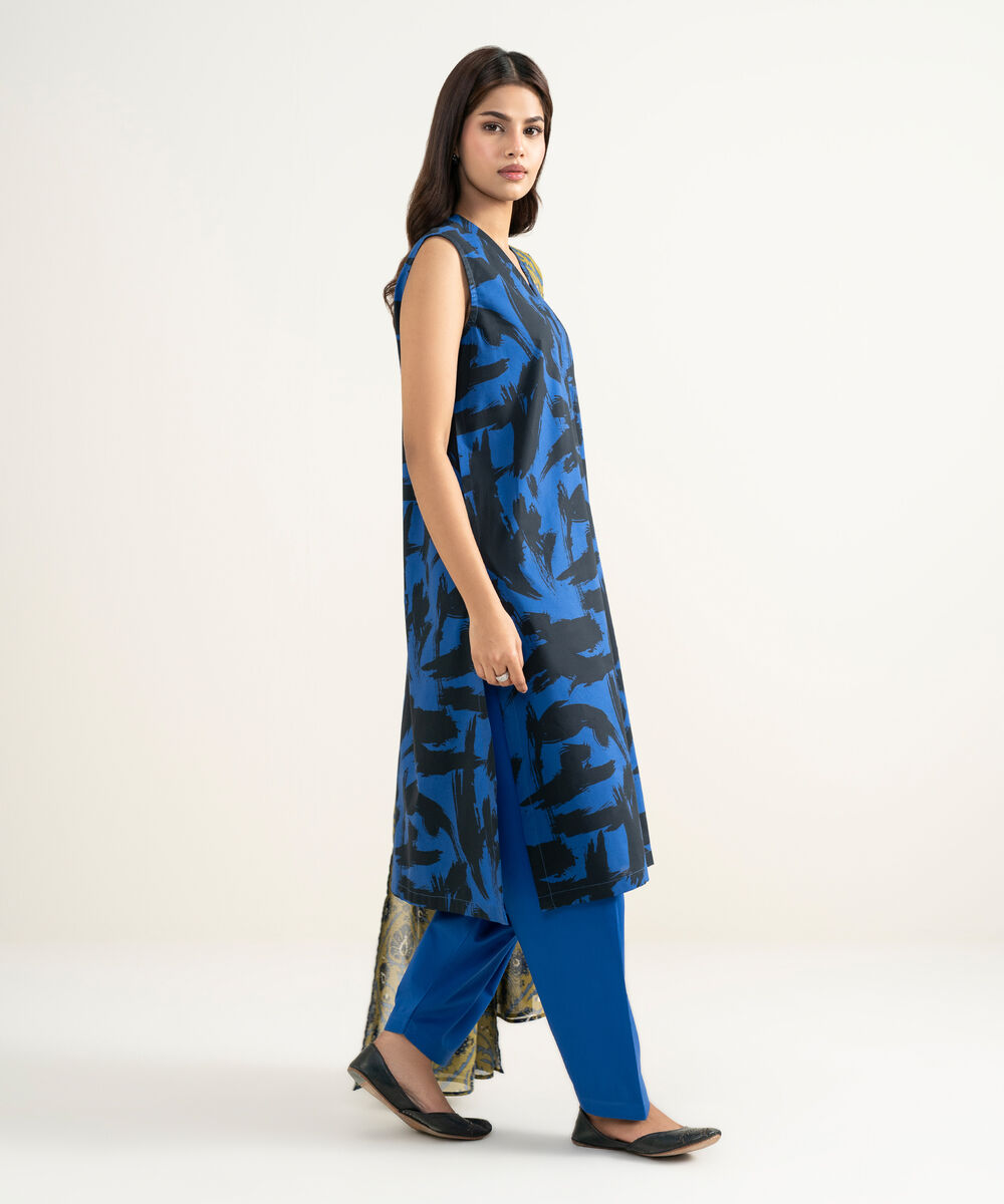 Women's RTW Cambric Printed Blue 3 Piece Suit