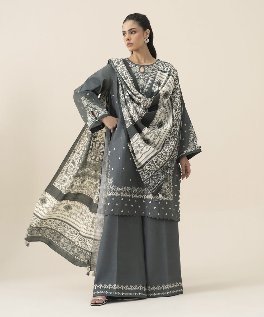 Women's Unstitched Basic Khaddar Embroidered Grey 3 Piece Suit