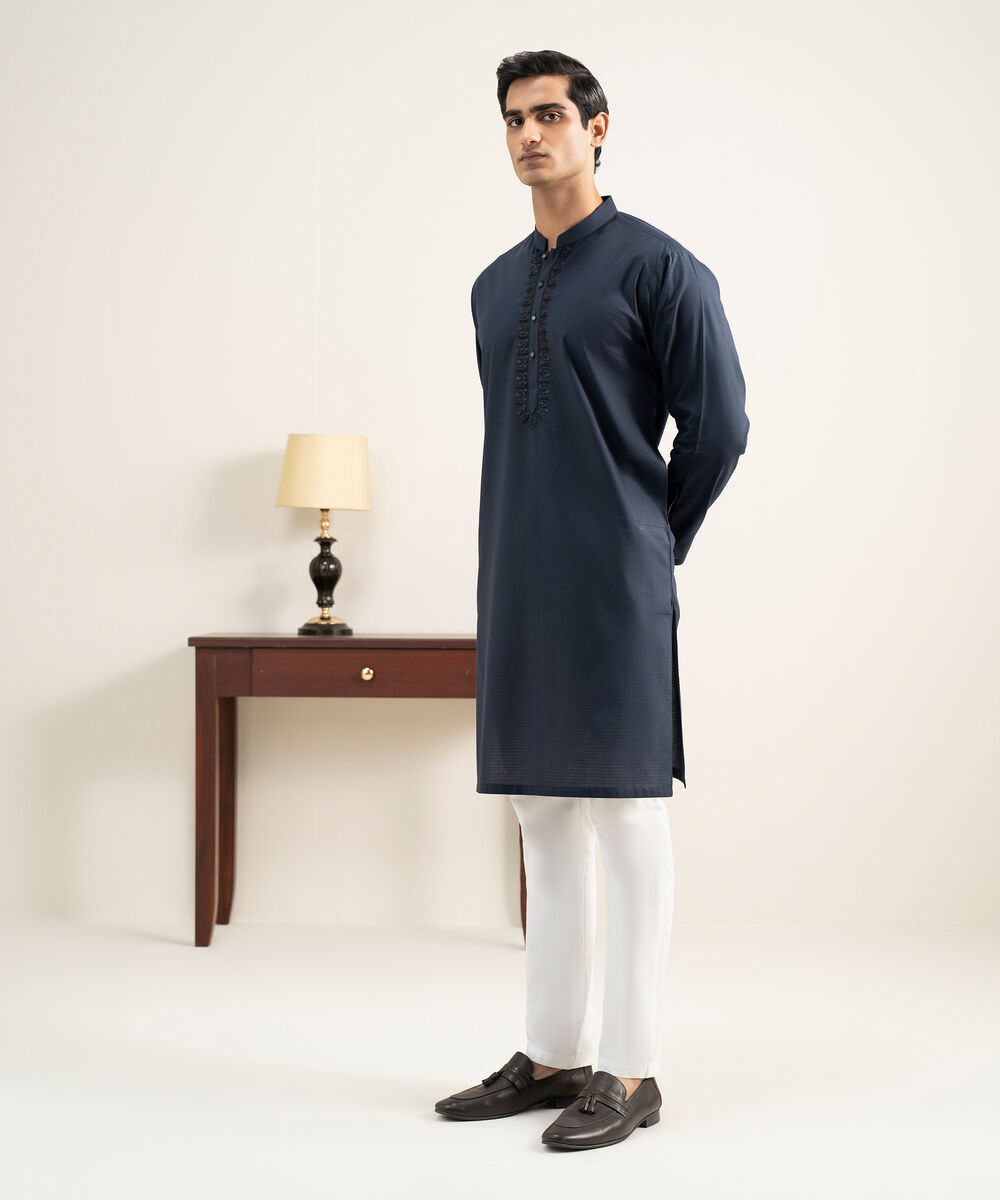 Men's Stitched Cotton Jacquard Indigo Kurta