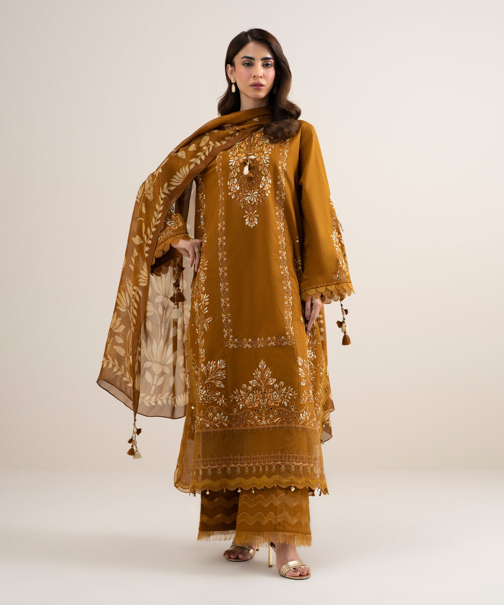 Women's Unstitched Textured Lawn Embroidered Brown 3 Piece Suit