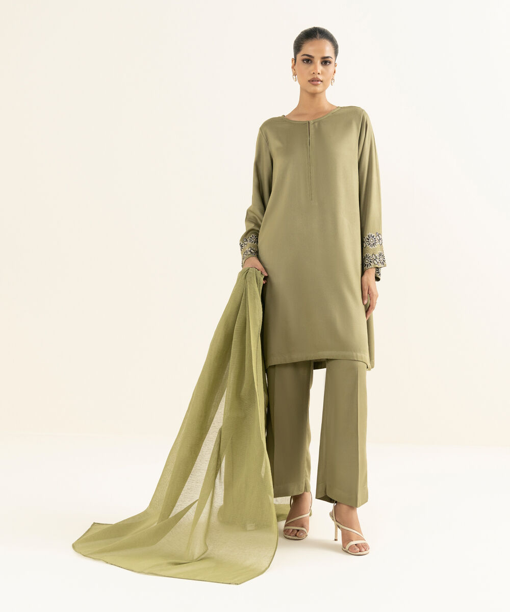 Textured Karandi Solid Olive Green Dupatta
