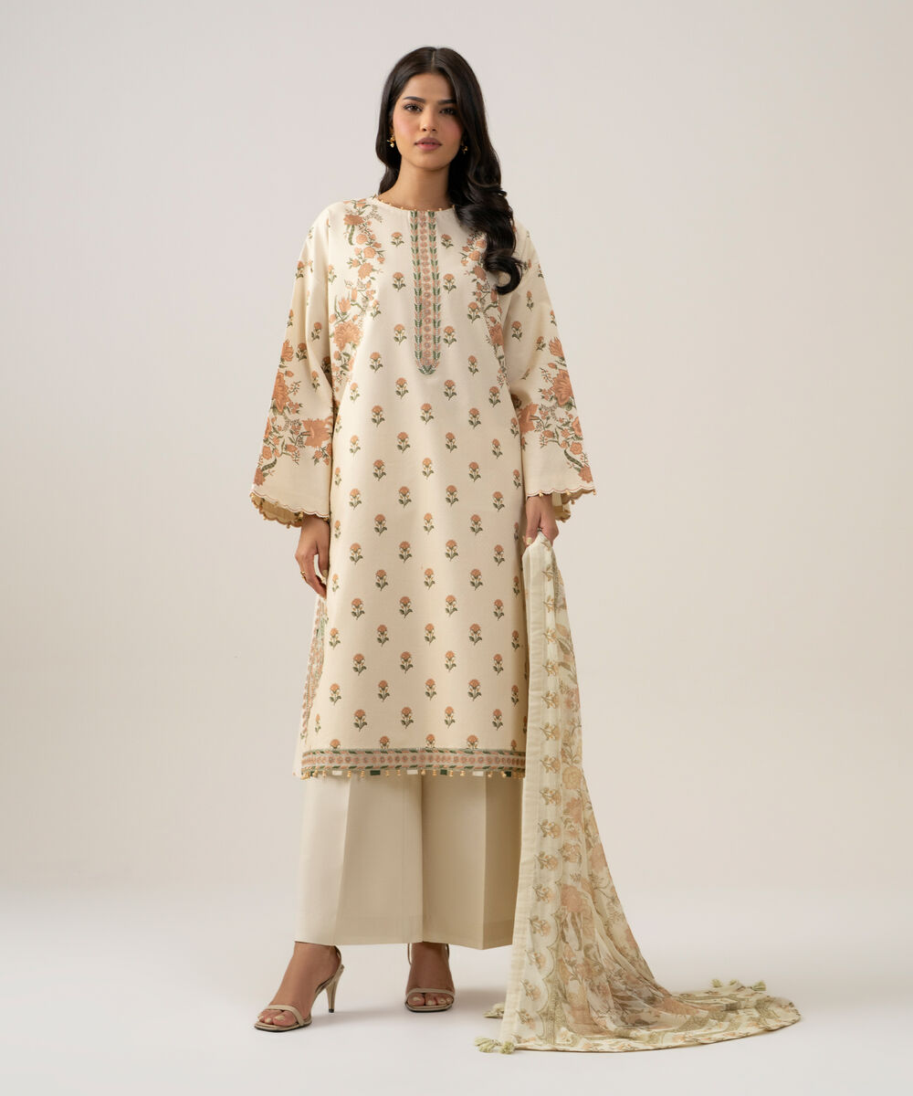 Women's Unstitched Bemberg Tissue Printed Off White 3 Piece Suit