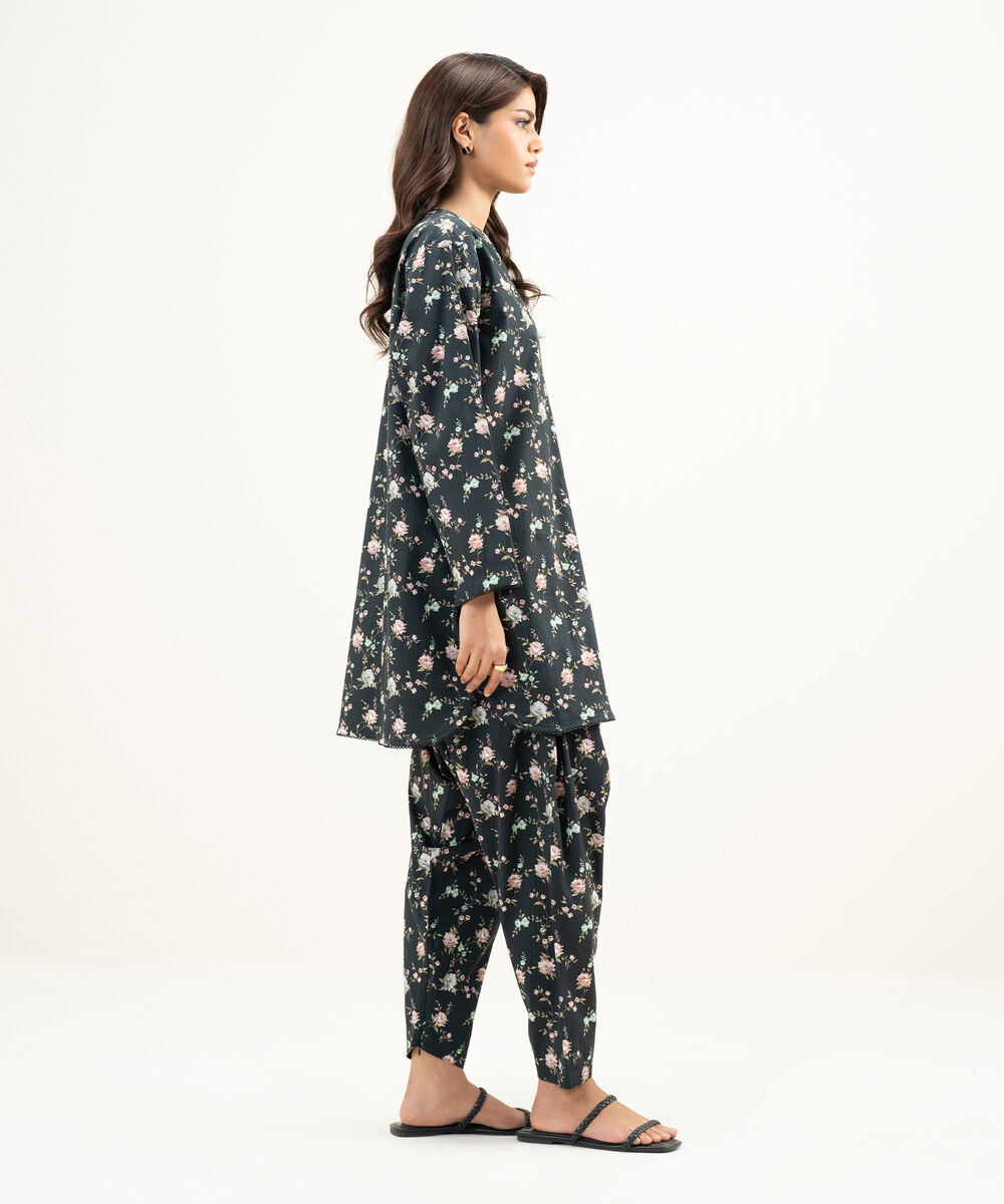 Women's RTW Seersucker Printed Black Straight Shirt