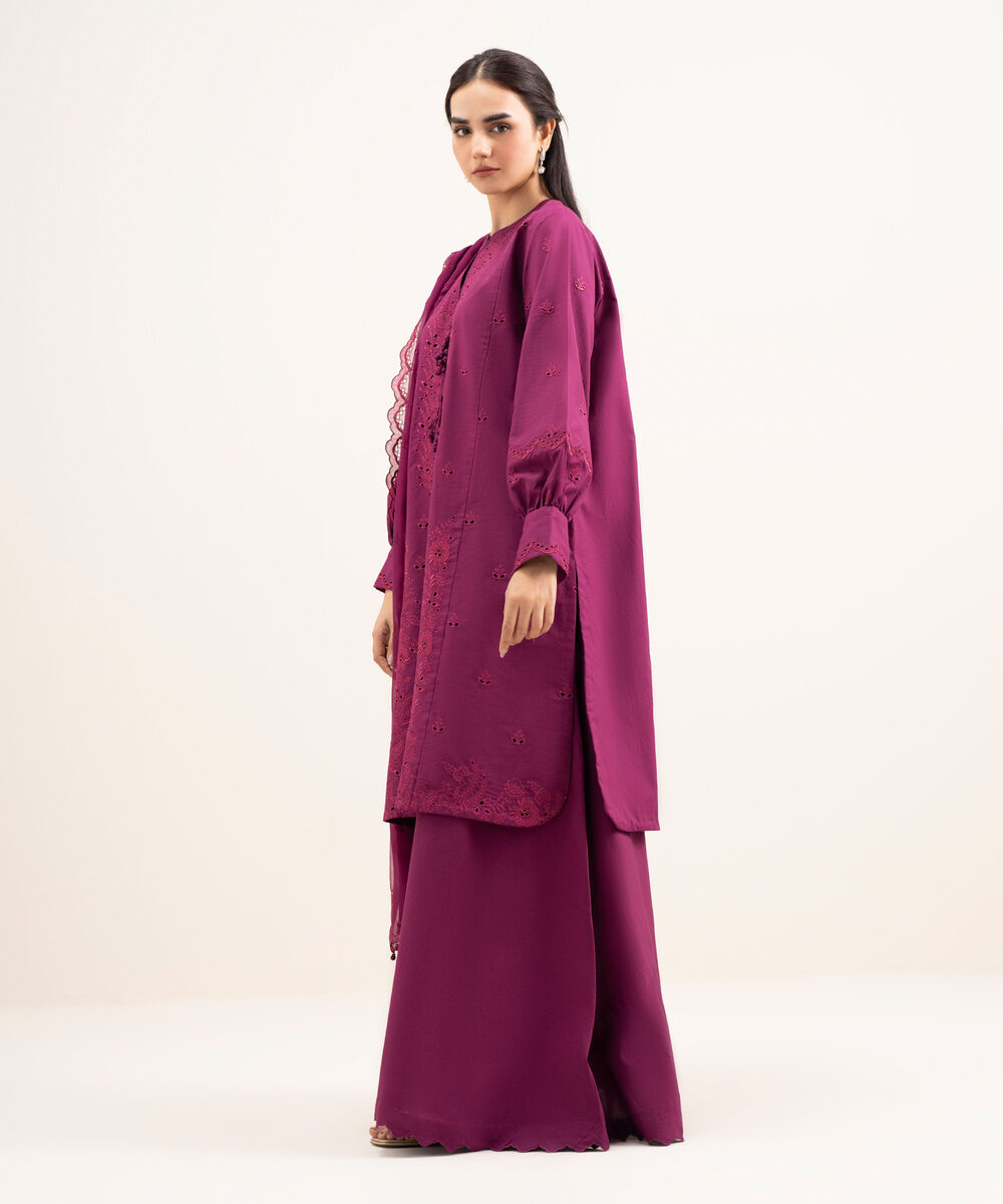 Women's Unstitched Textured Lawn Embroidered Purple 3 Piece Suit