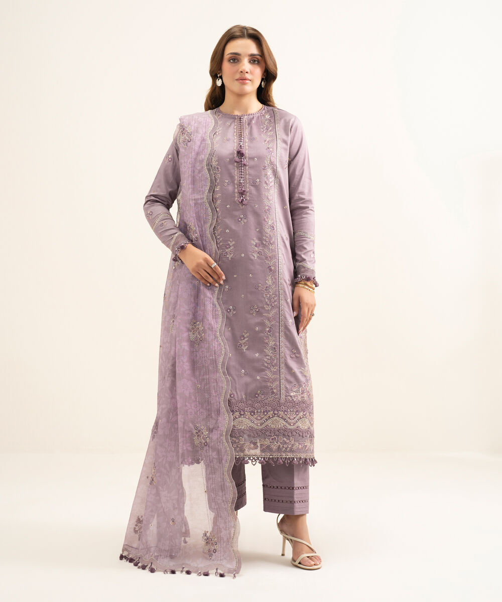 Women's Unstitched Fine Cotton Satin Embroidered Purple 3 Piece Suit