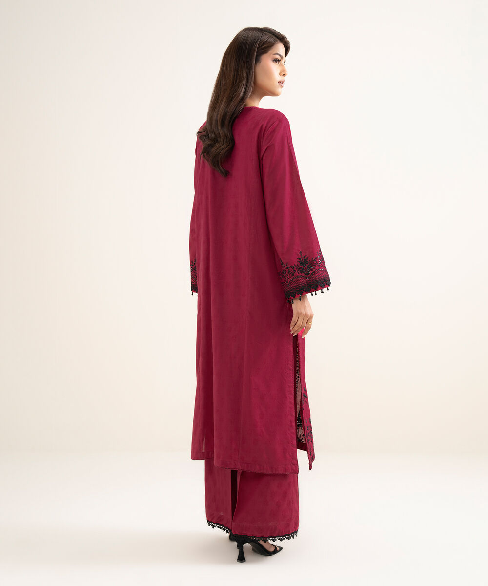 Women's RTW Self Jacquard Embroidered Red A-Line Shirt