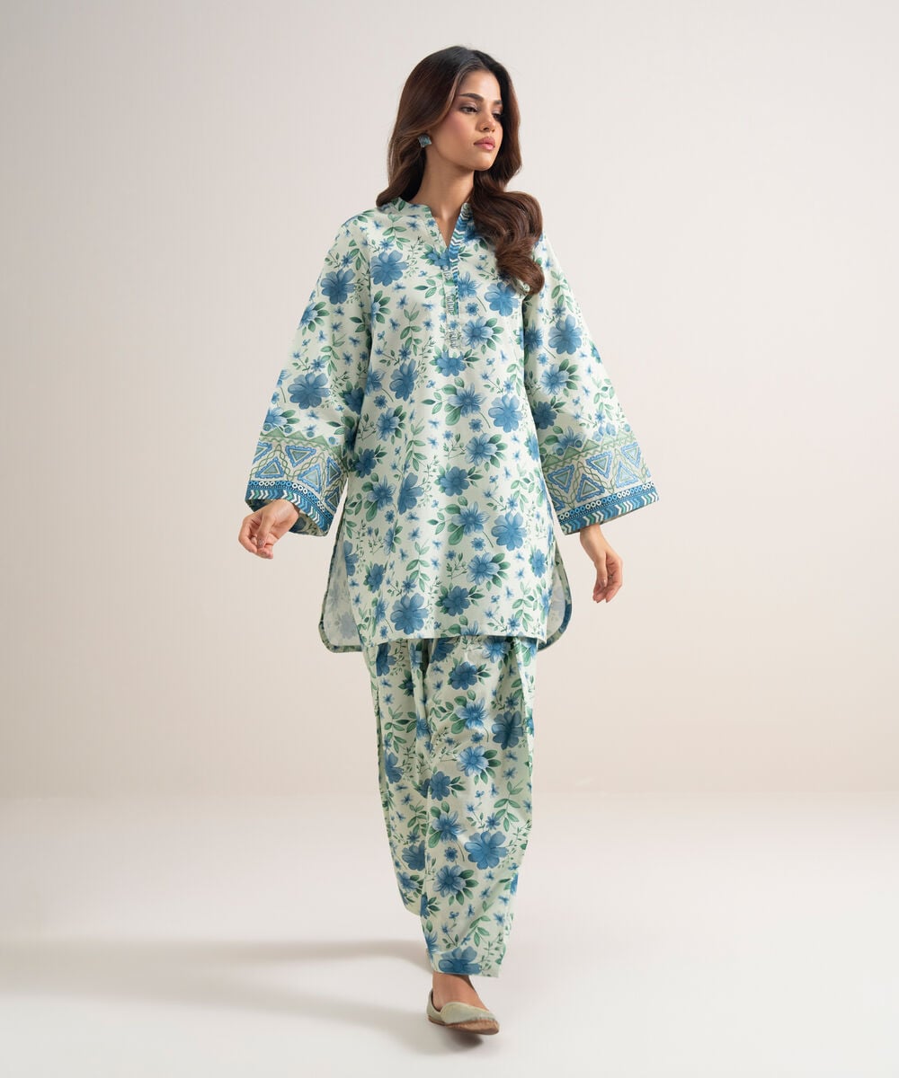 Women's Unstitched Lawn Embroidered Blue 2 Piece Suit