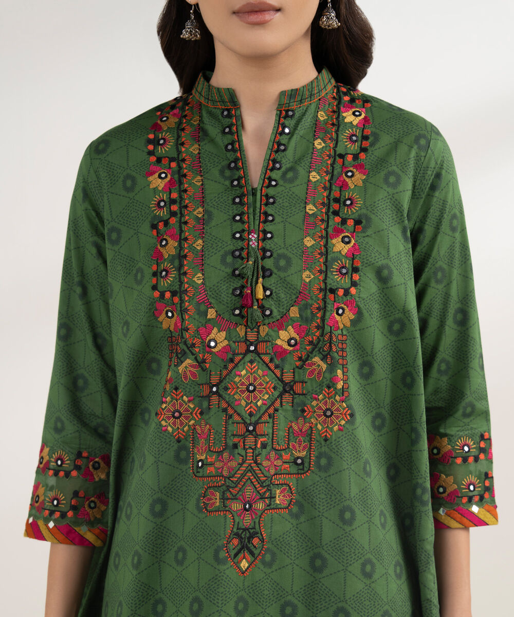 Women's Unstitched Cotton Embroidered Green 3 Piece Suit
