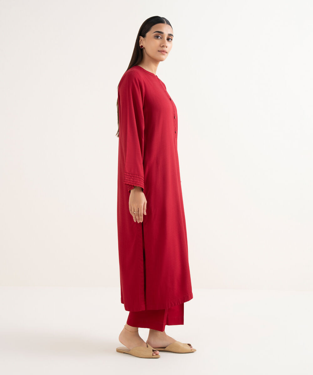 Women's RTW Textured Arabic Red Solid Straight Shirt