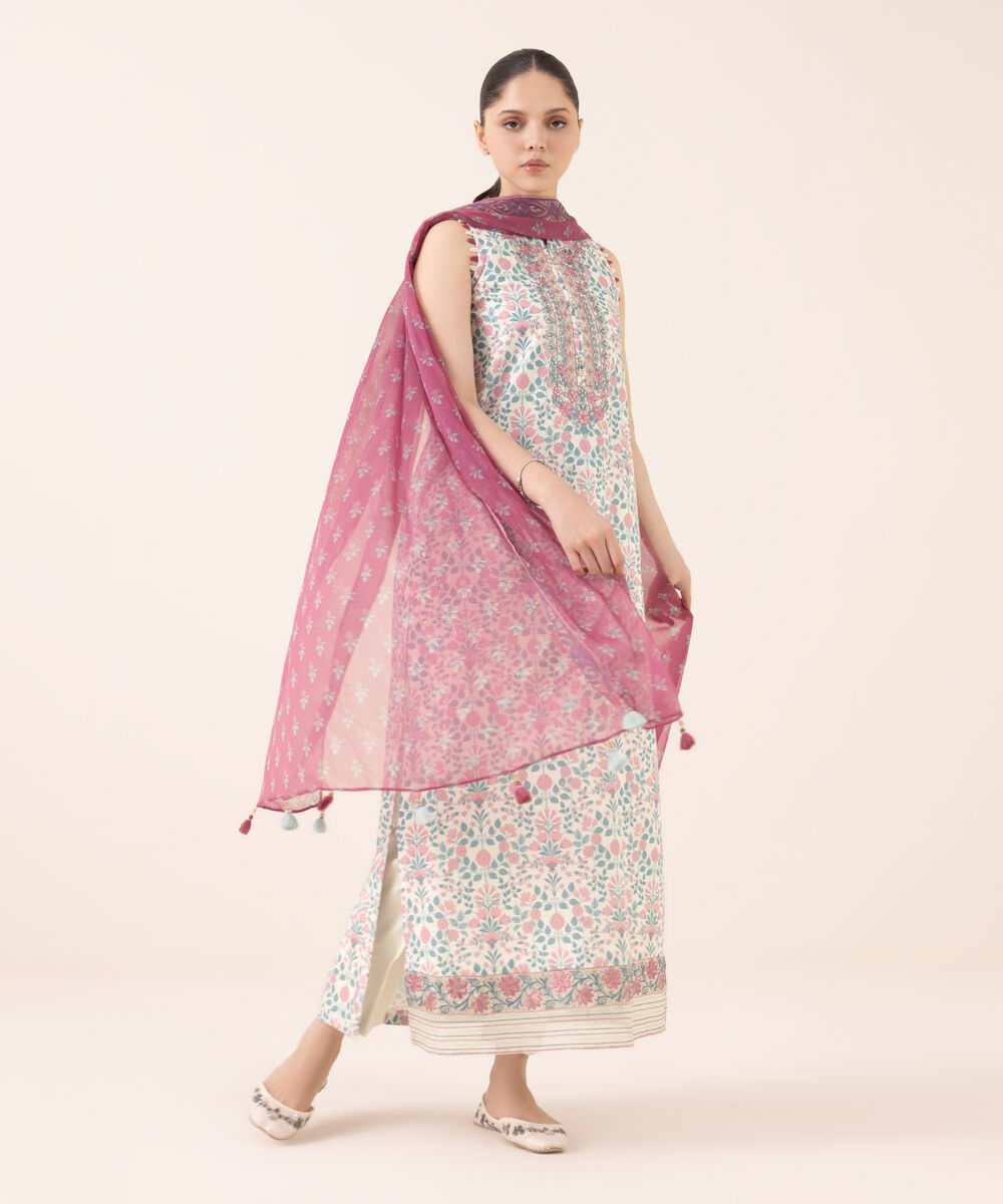 Women's Unstitched Cotton Embroidered Multi Three Piece Suit