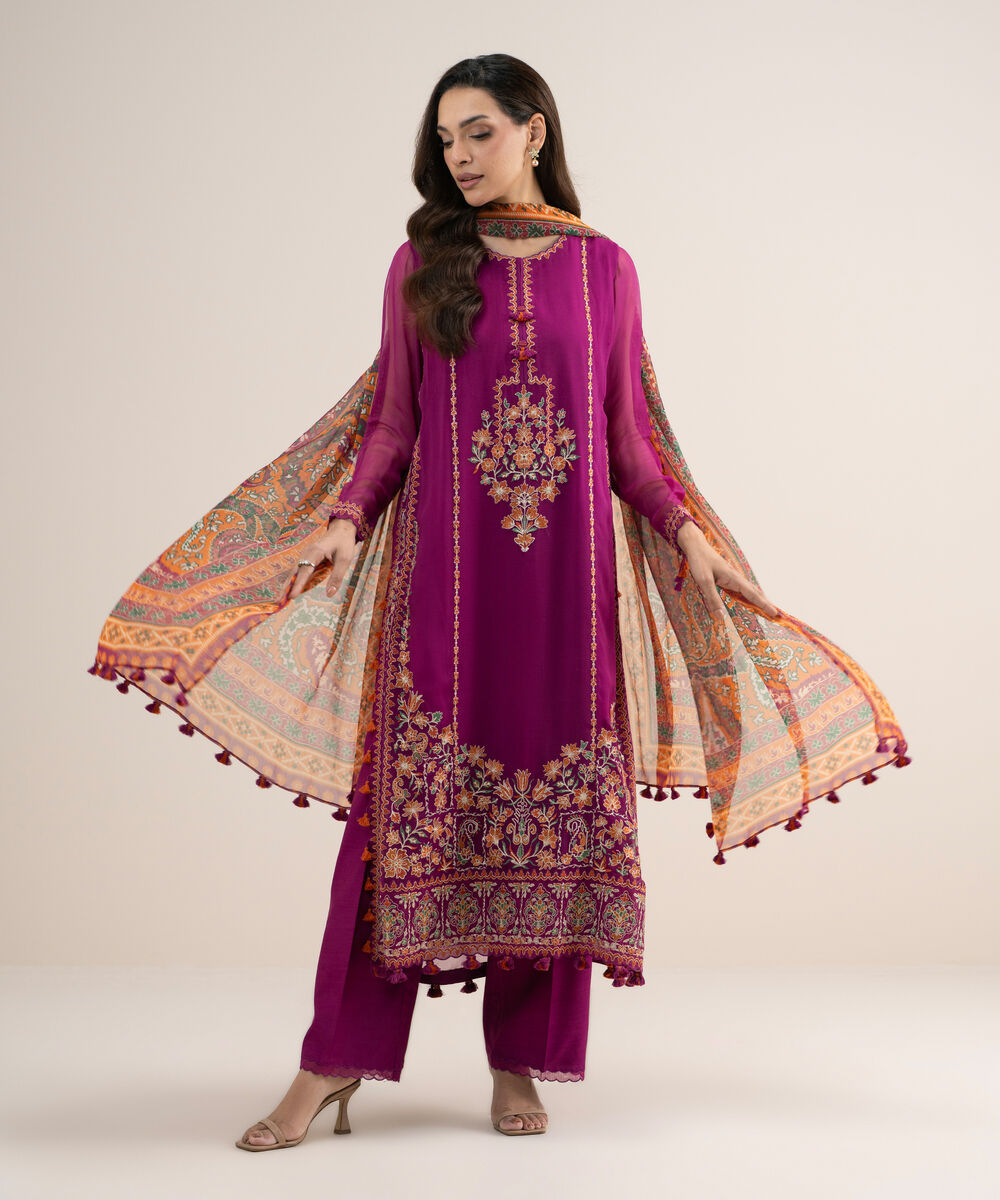 Women's Unstitched Embroidered Blended Chiffon Purple 3 Piece Suit