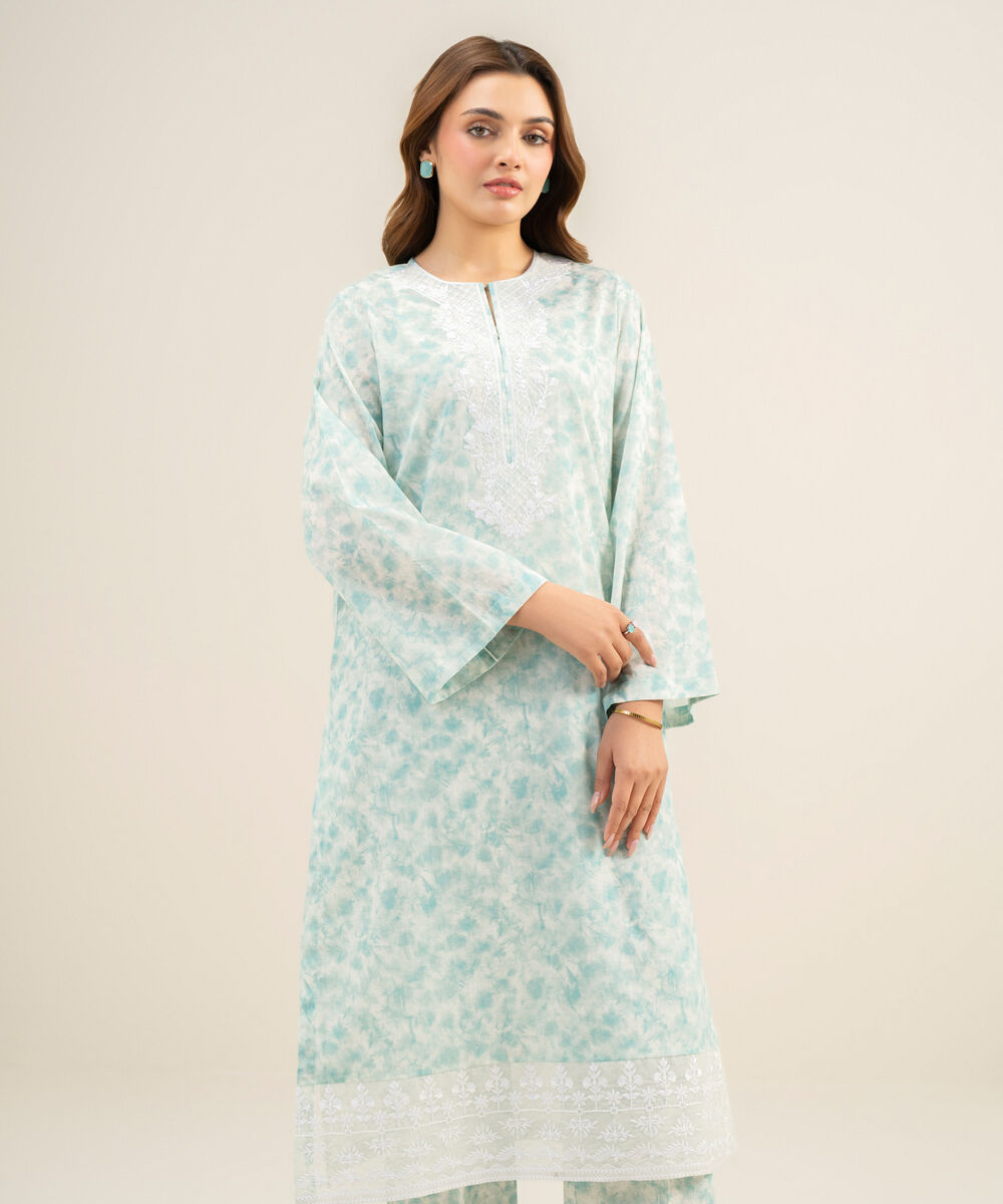 Women's Unstitched Lawn Embroidered Aqua  2 Piece Suit