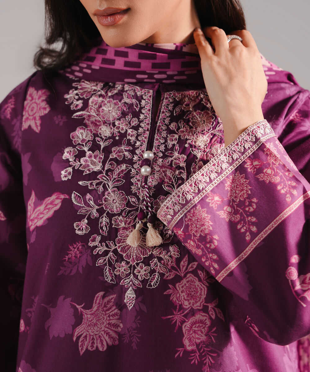 Women's RTW Lawn Printed Purple 3 Piece Suit