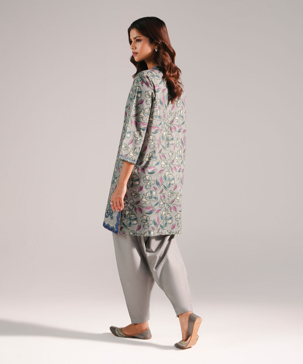 Women's RTW Slub Lawn Embroidered Grey 2 Piece Suit