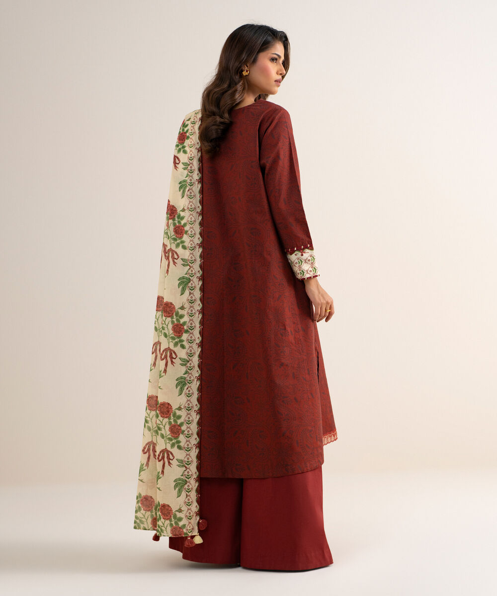 Women's Unstitched Cotton Embroidered Red 3 Piece Suit