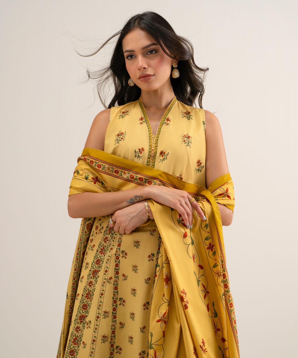 Women's Unstitched Printed Cotton Viscose Lime Yellow 3 Piece Suit