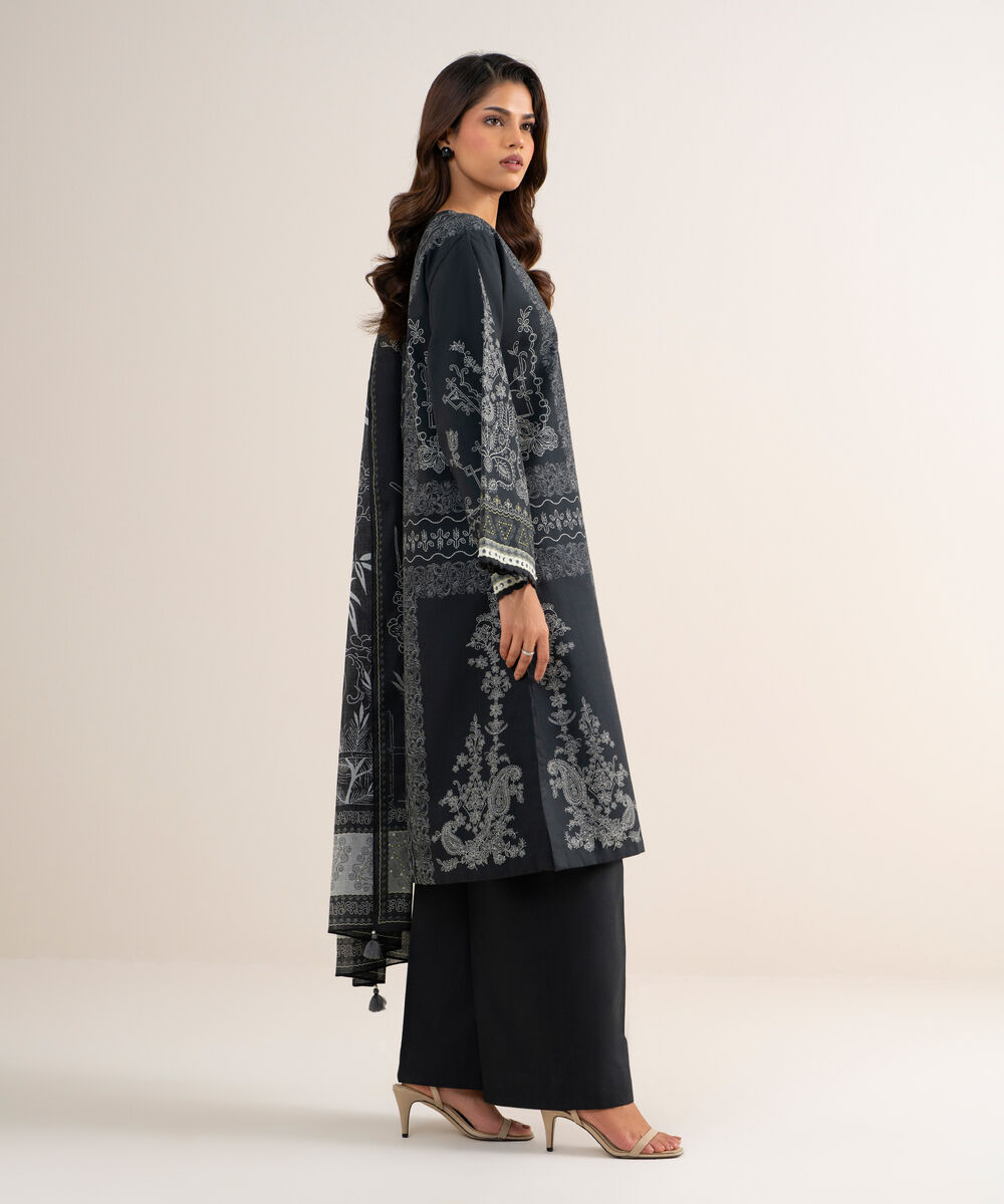 Women's Unstitched Lawn Printed Black 3 Piece Suit
