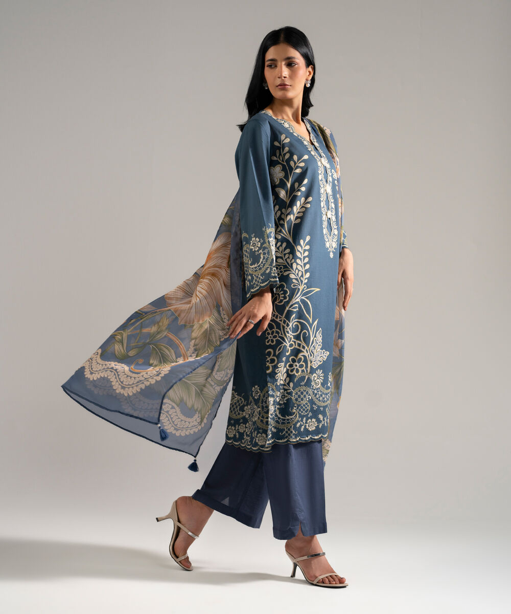 Women's RTW Slub Lawn Printed Blue 3 Piece Suit