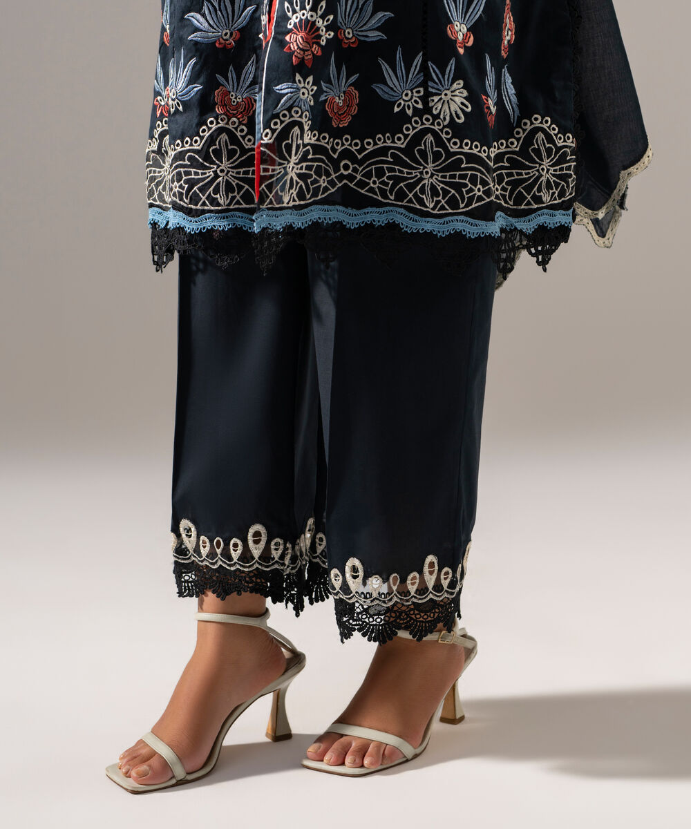 Women's RTW Self Jacquard Solid Embroidered Black 3 Piece Suit