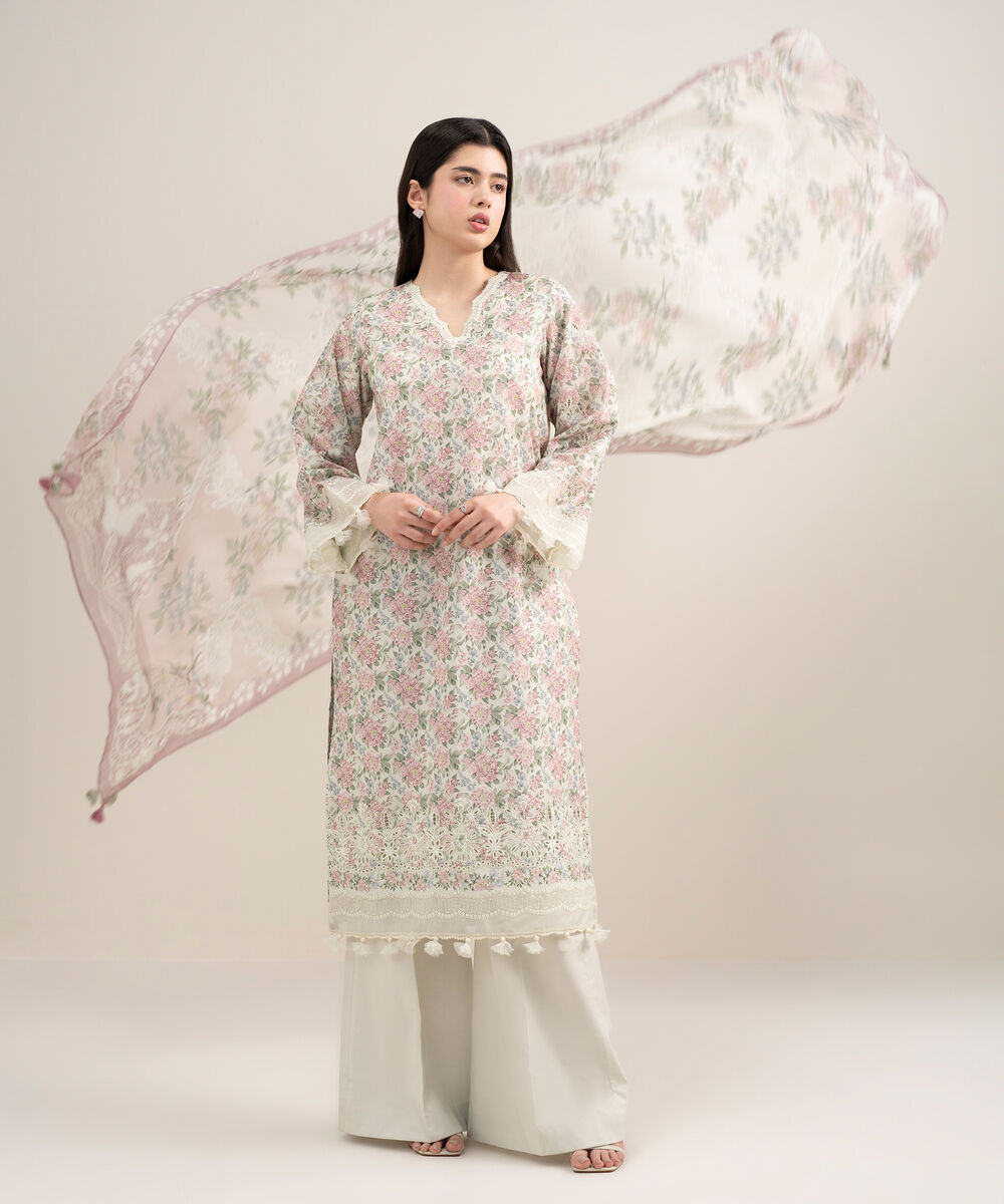 Women's Unstitched Lawn Embroidered Off White 3 Piece Suit