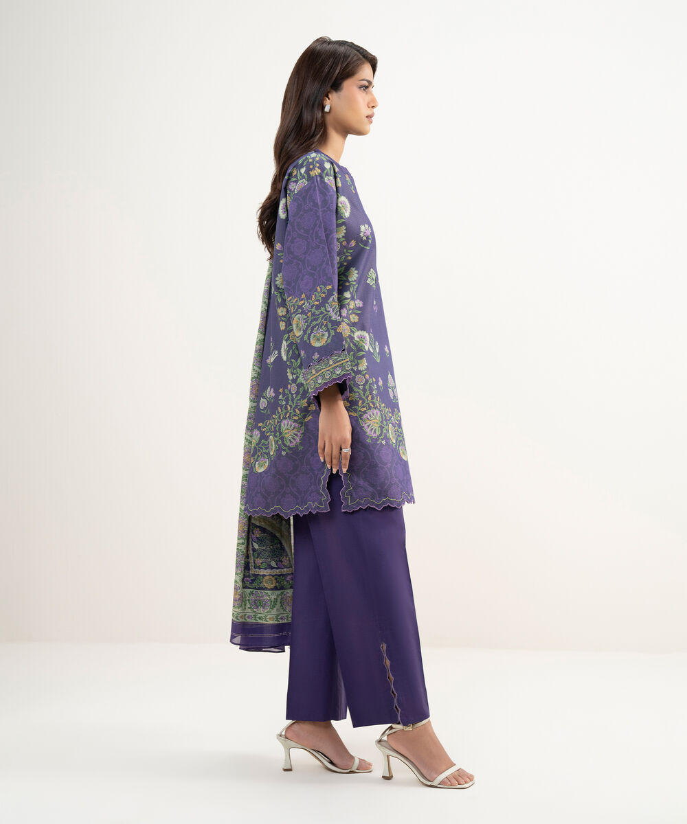 Women's Unstitched Zari Lawn Purple Printed 3 Piece Suit