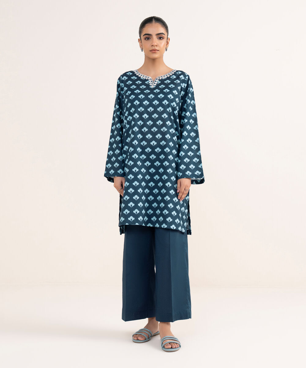 Women's RTW Textured Lawn Blue Embroidered A-Line Shirt