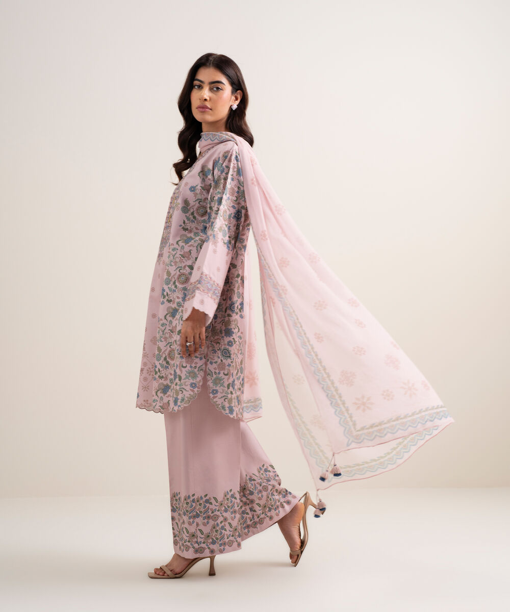 Women's Unstitched Lawn Embroidered Light Pink 3 Piece Suit