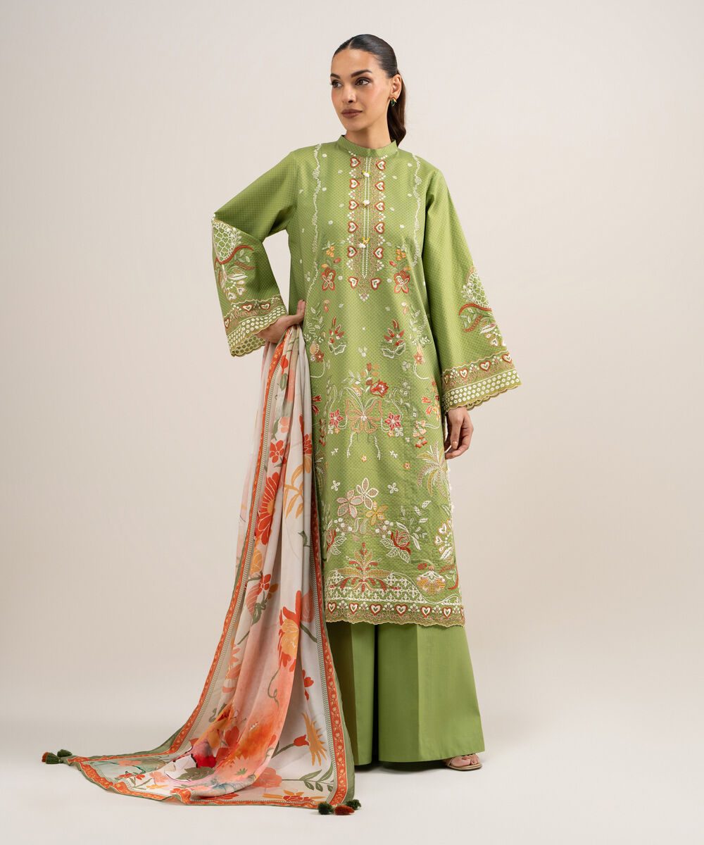 Women's Unstitched Self Jacquard Embroidered Green 3 Piece Suit