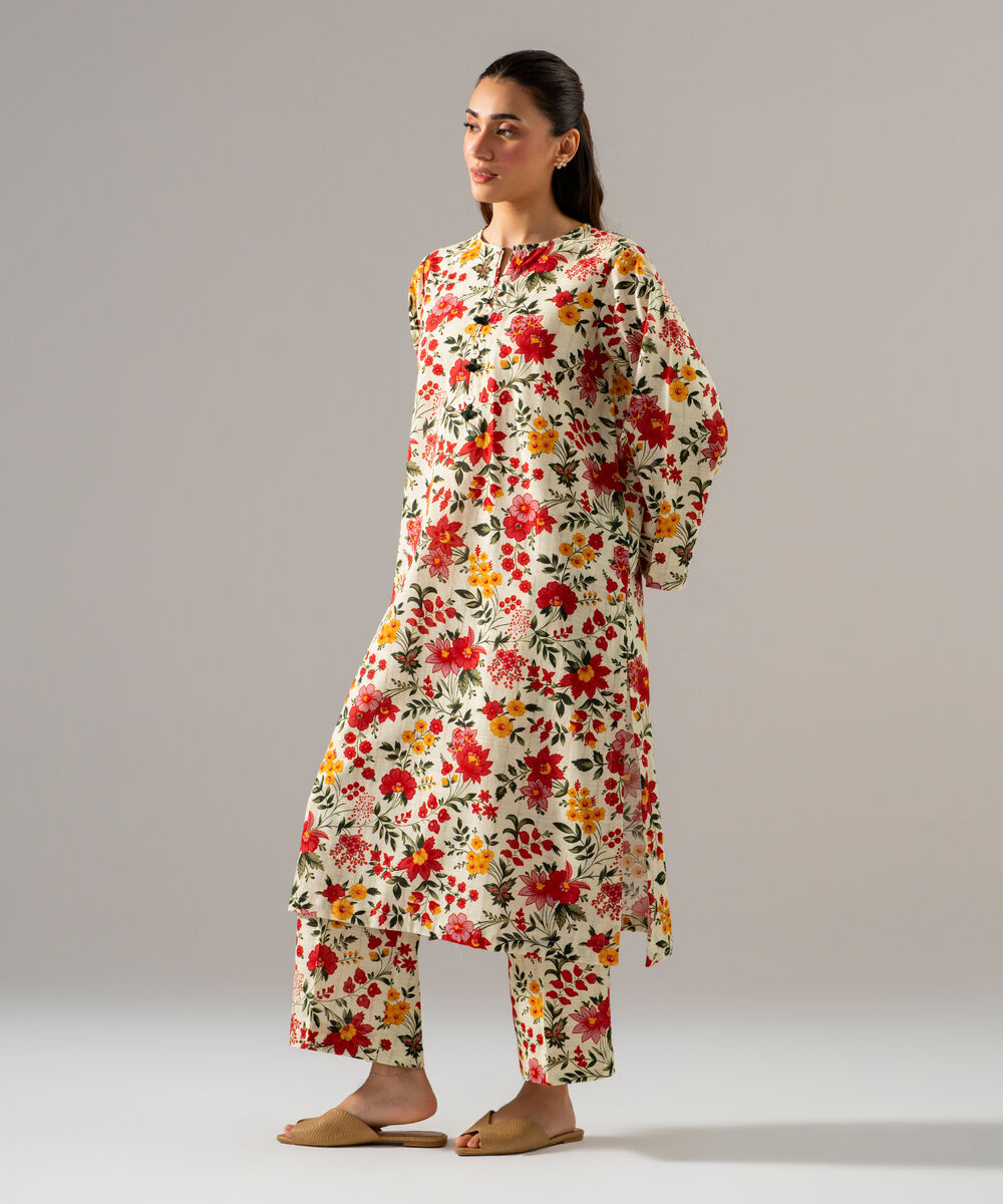 Women's RTW Khaddar Printed Off White 2 Piece Suit