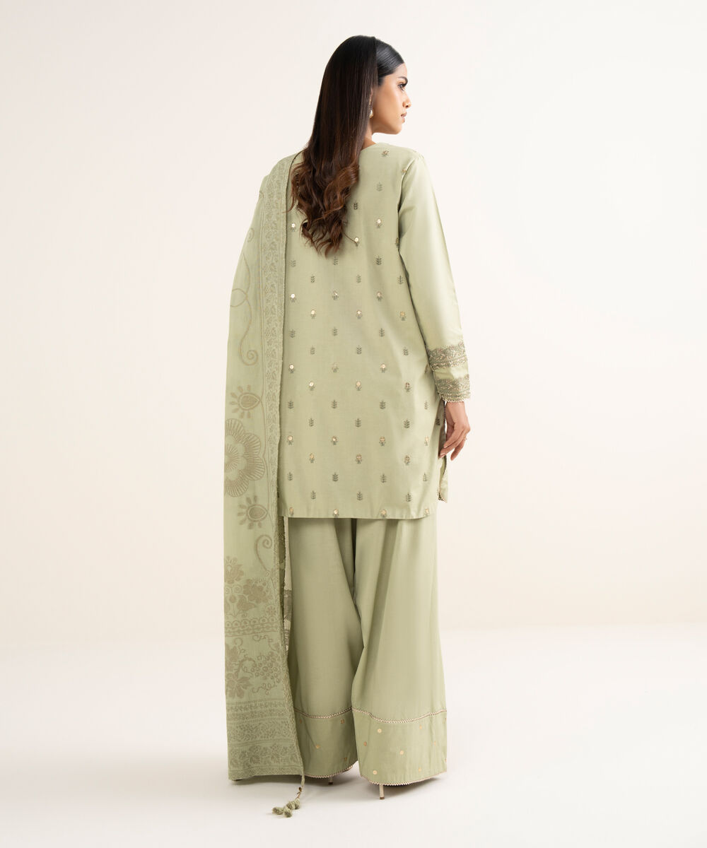 Women's Unstitched Embroidered Cotton Moss Green 3 Piece Suit